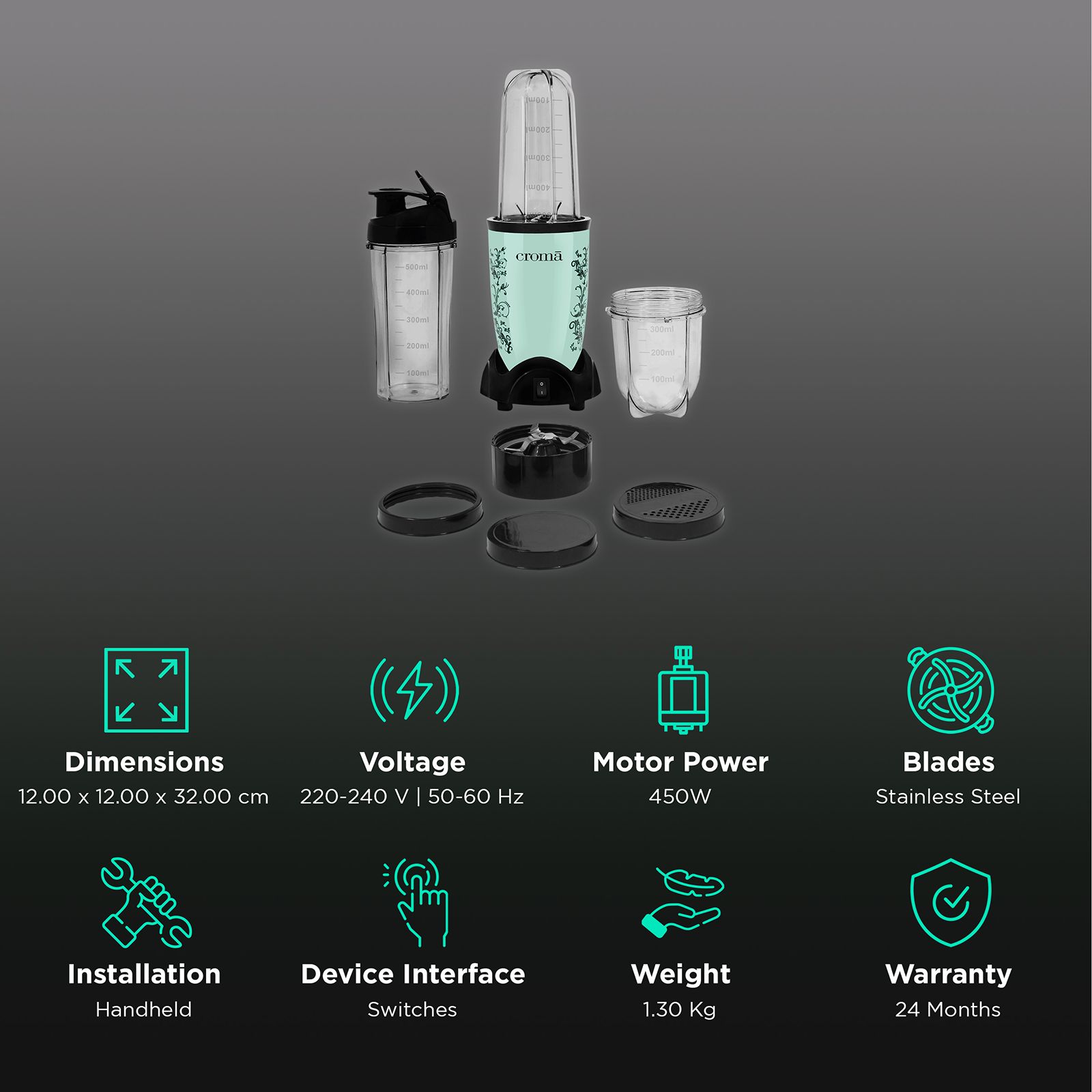 Croma Nutri 450 Watt 3 Jars Blender (3 Speed Control, Teal Green)_2