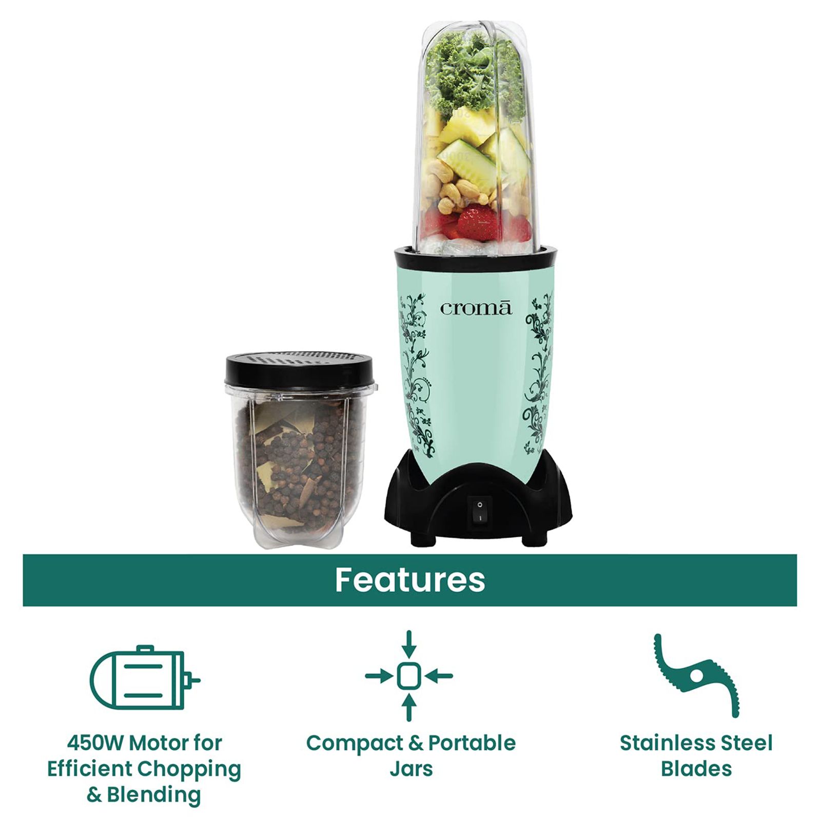 Croma Nutri 450 Watt 5 Jars Blender (21500 RPM, Overload Protection, Teal Green) Croma Nutri 450 Watt 5 Jars Blender (21500 RPM, Overload Protection, Teal Green)_13