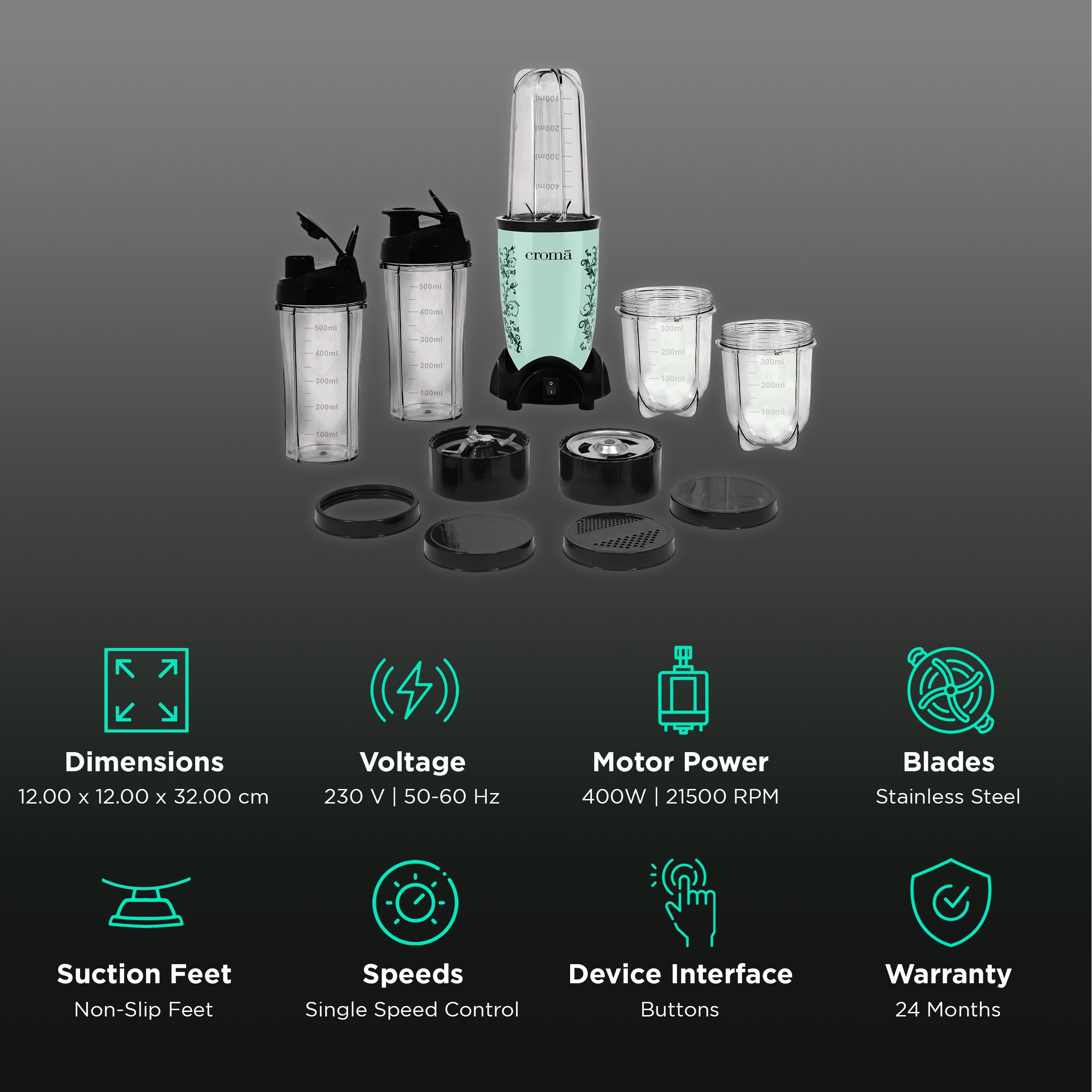 Croma Nutri 450 Watt 5 Jars Blender (21500 RPM, Overload Protection, Teal Green) Croma Nutri 450 Watt 5 Jars Blender (21500 RPM, Overload Protection, Teal Green)_2