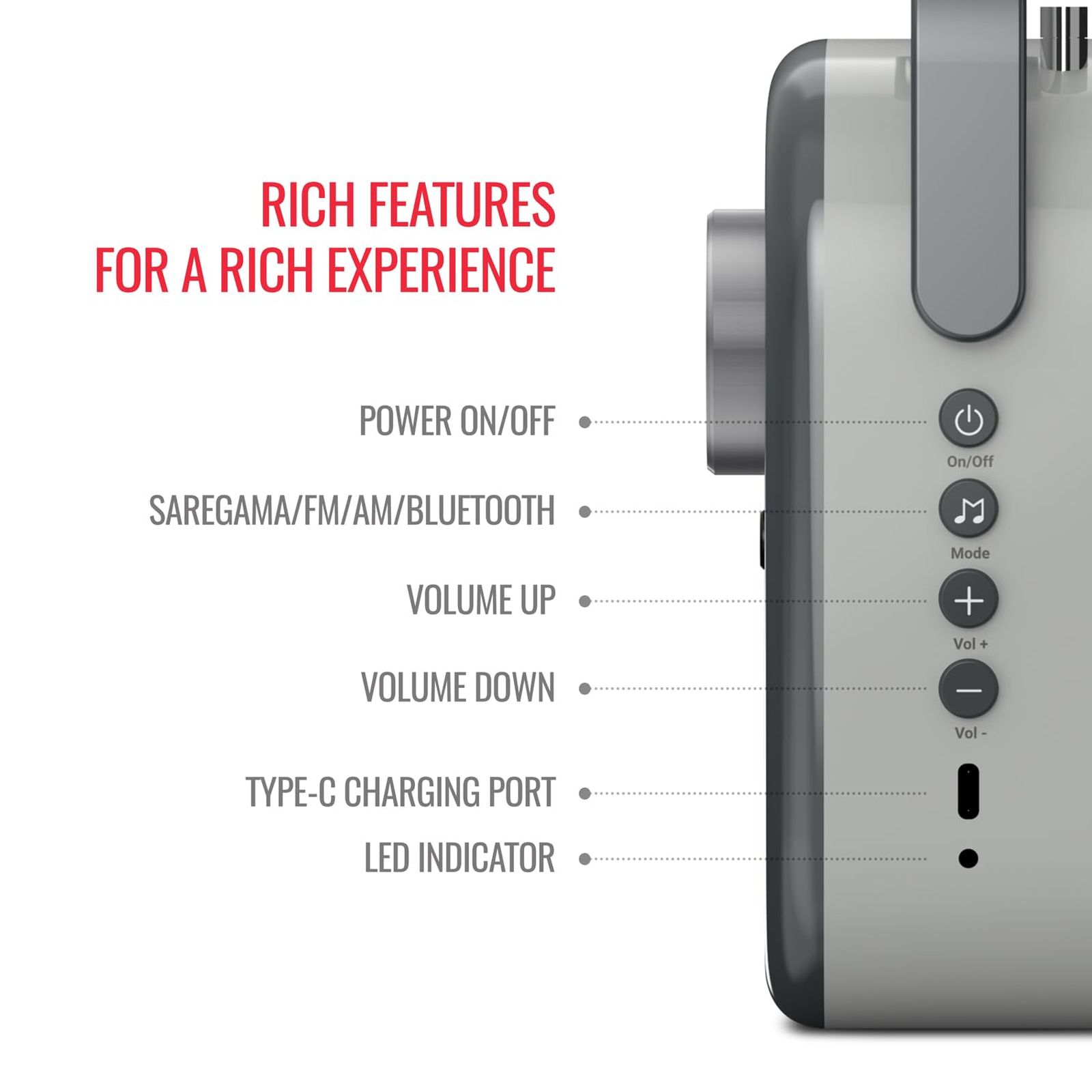 SAREGAMA Carvaan Lite 20 Watts Portable Bluetooth Speaker (5 Hours Playtime, SCL 190, Graphite Grey)_7