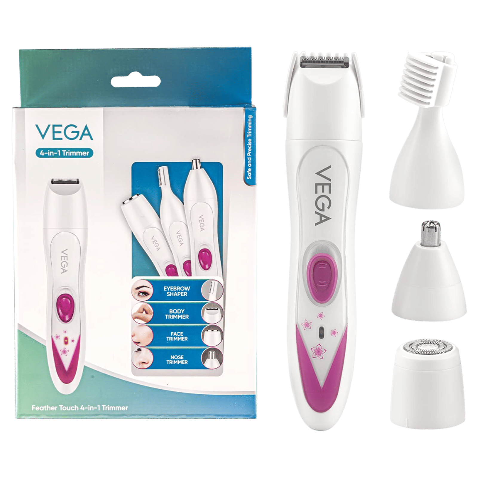 VEGA Feather Touch Rechargeable Cordless 4-in-1 Dry Trimmer for Body, Eyebrow, Nose & Face for Women (60mins Runtime, Washable Blade, White) VEGA Feather Touch Rechargeable Cordless 4-in-1 Dry Trimmer for Body, Eyebrow, Nose & Face for Women (60mins Runtime, Washable Blade, White)_1