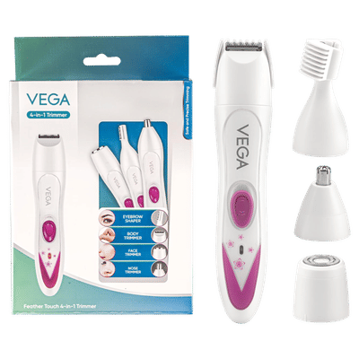 VEGA Feather Touch 4-in-1 Rechargeable Cordless Wet & Dry Trimmer for Body & Intimate Areas with 4 Length Settings for Women (60min Runtime, Ergonomic Design, White)