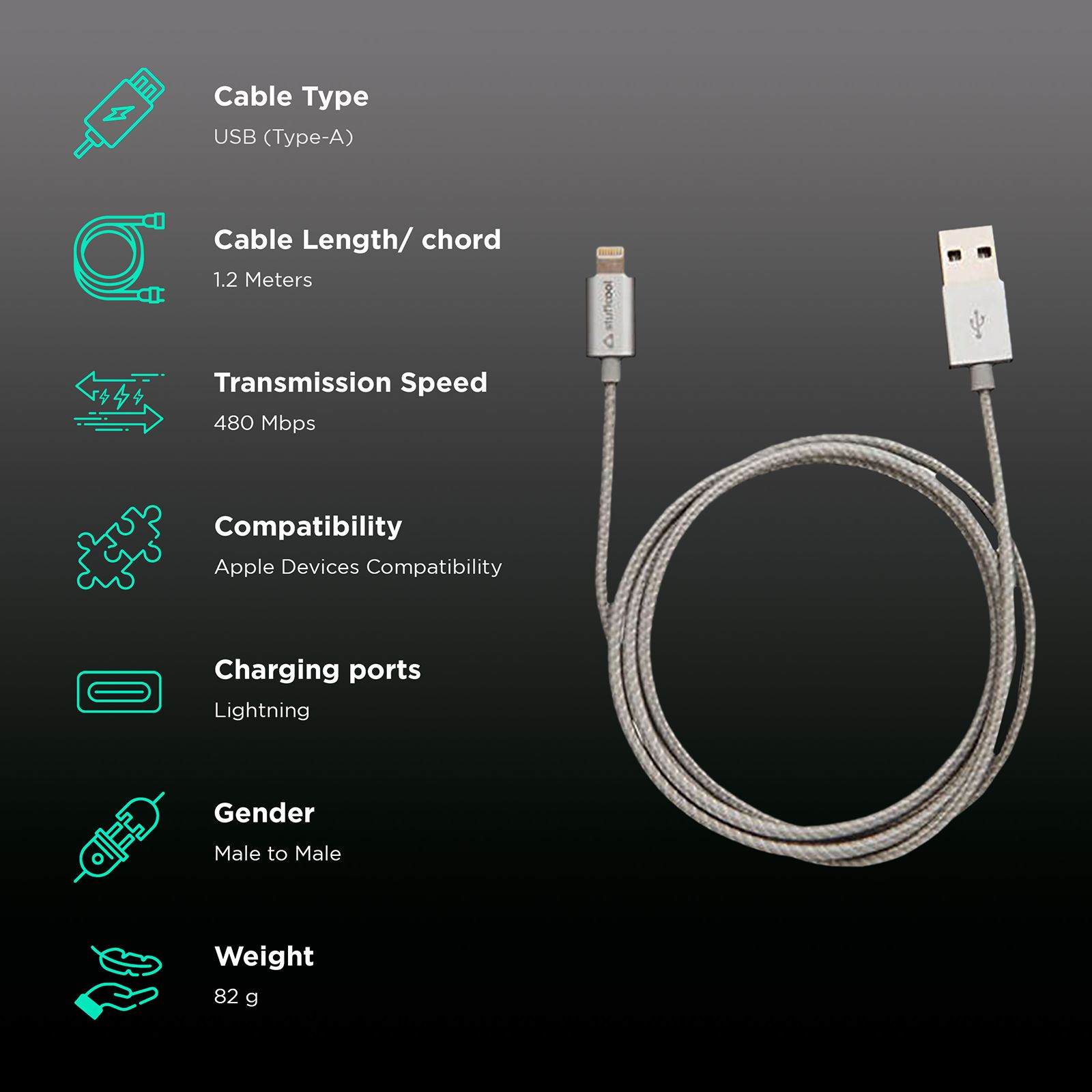 stuffcool LGFNS-SIL Type A to Lightning 3.9 Feet (1.2M) Cable (Apple Devices Compatibility, Silver) stuffcool LGFNS-SIL Type A to Lightning 3.9 Feet (1.2M) Cable (Apple Devices Compatibility, Silver)_2