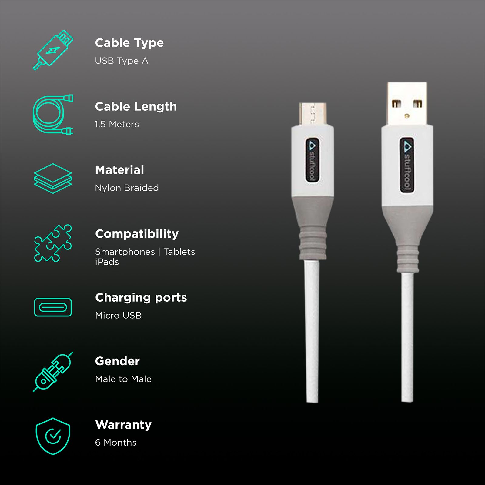 stuffcool Alto Type A to Micro USB 4.9 Feet (1.5M) Cable (Rust Free, White & Grey) stuffcool Alto Type A to Micro USB 4.9 Feet (1.5M) Cable (Rust Free, White & Grey)_2