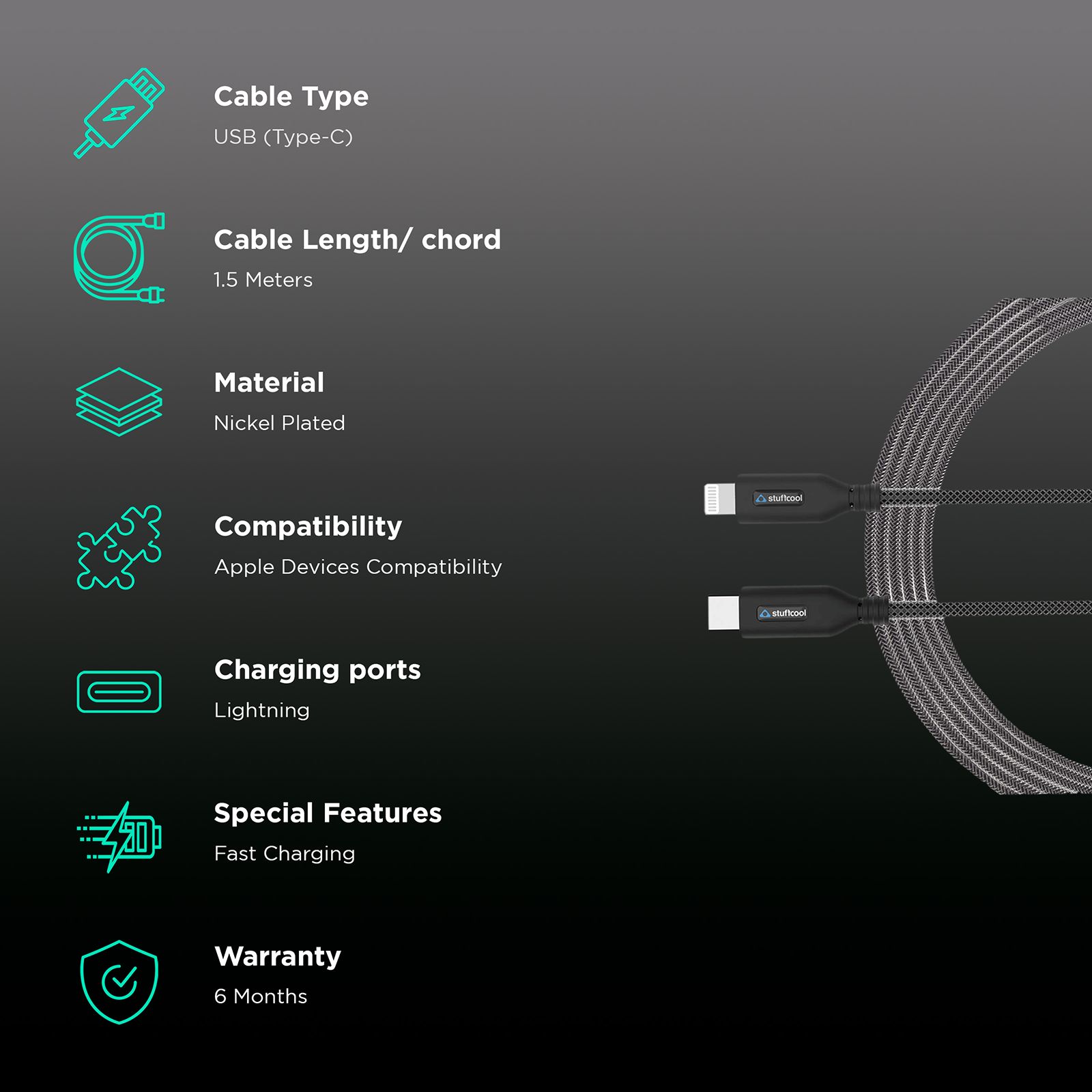 stuffcool Chief Type C to Lightning 4.9 Feet (1.5M) Cable (Compatible with iPhones, Black) stuffcool Chief Type C to Lightning 4.9 Feet (1.5M) Cable (Compatible with iPhones, Black)_2