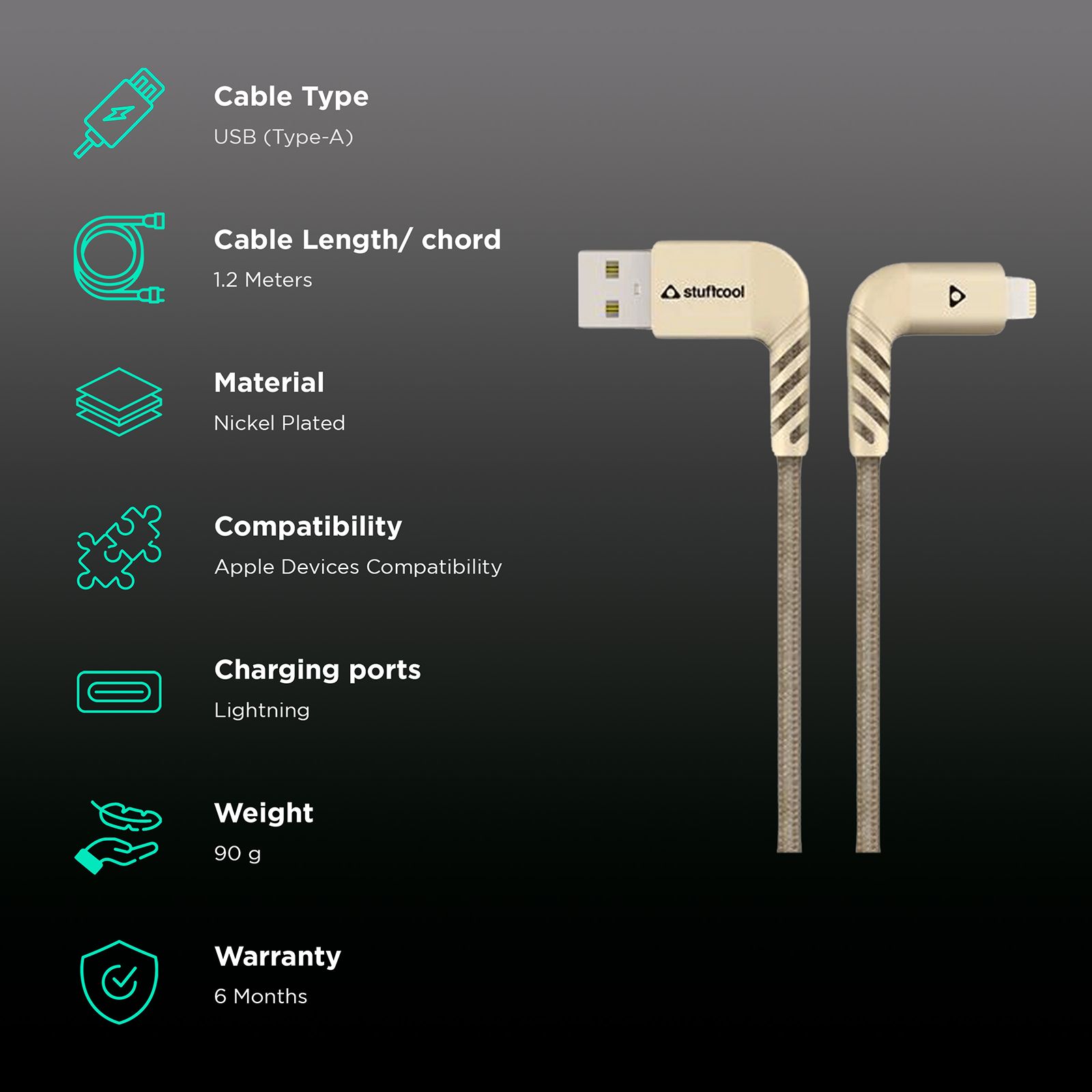 stuffcool LGFNS4-GLD Type A to Lightning 3.9 Feet (1.2M) Cable (90 Degree Right Angled Design, Gold) stuffcool LGFNS4-GLD Type A to Lightning 3.9 Feet (1.2M) Cable (90 Degree Right Angled Design, Gold)_2