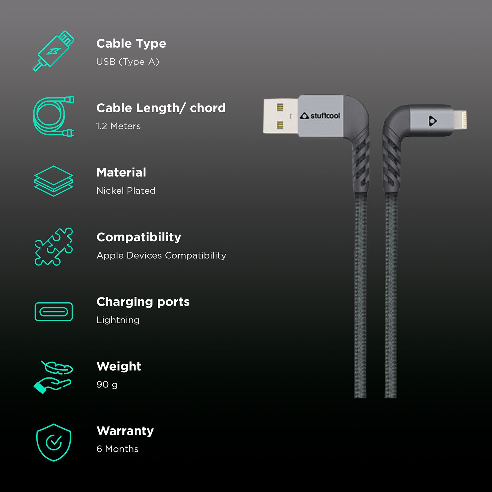 stuffcool LGFNS4-GRY Type A to Lightning 3.9 Feet (1.2M) Cable (90 Degree Right Angled Design, Grey) stuffcool LGFNS4-GRY Type A to Lightning 3.9 Feet (1.2M) Cable (90 Degree Right Angled Design, Grey)_2