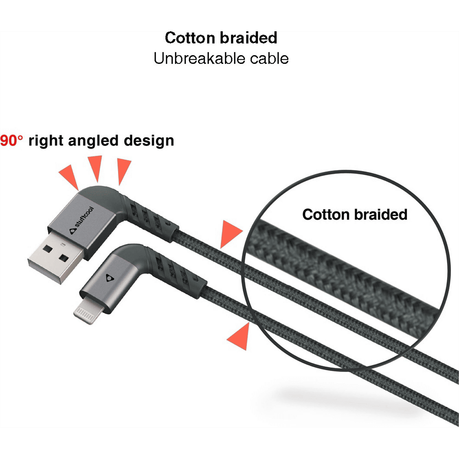 stuffcool LGFNS4-GRY Type A to Lightning 3.9 Feet (1.2M) Cable (90 Degree Right Angled Design, Grey) stuffcool LGFNS4-GRY Type A to Lightning 3.9 Feet (1.2M) Cable (90 Degree Right Angled Design, Grey)_5