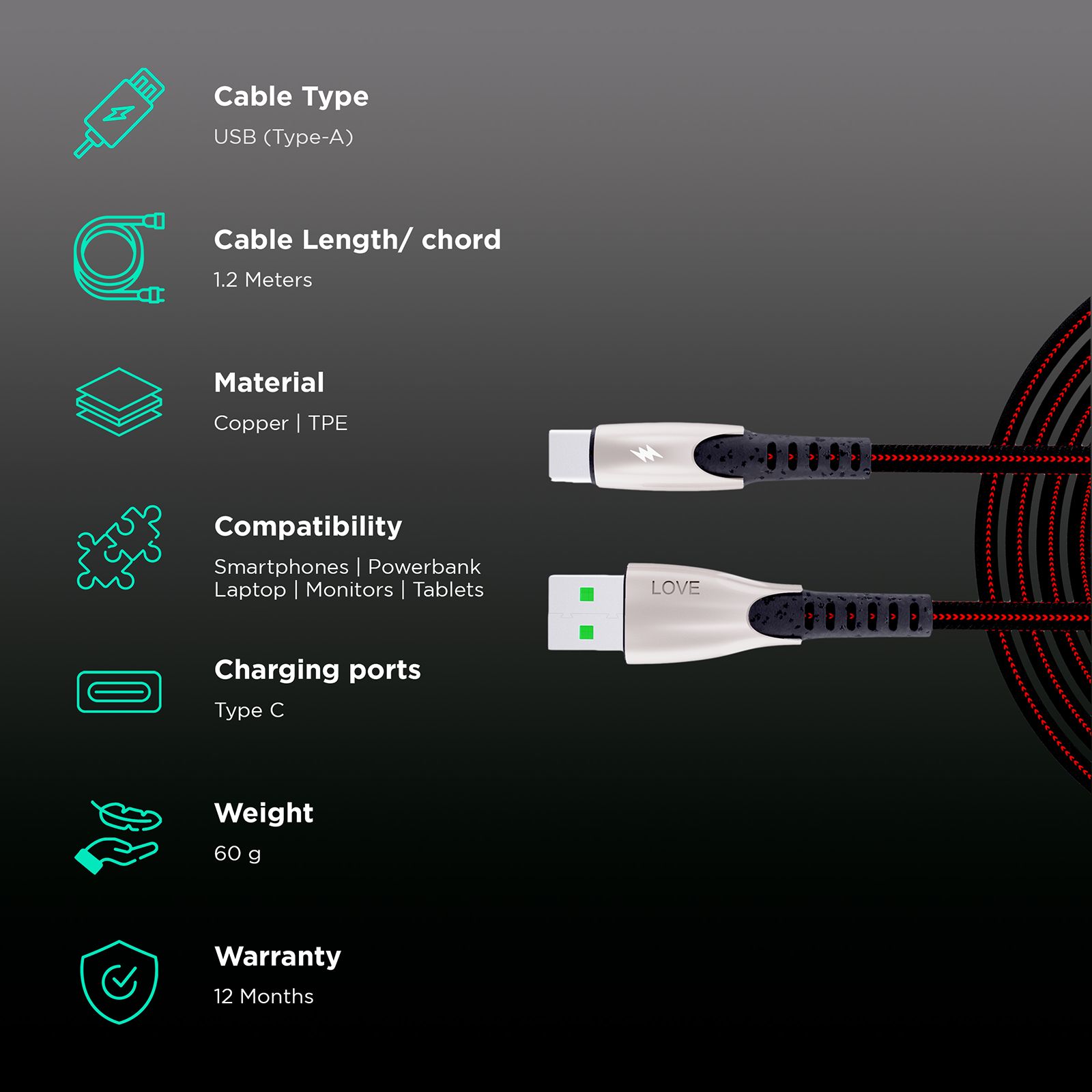 BACK-BRAINERS Love Type A to Type C 3.9 Feet (1.2M) Cable (TPE Braided, Black)_2