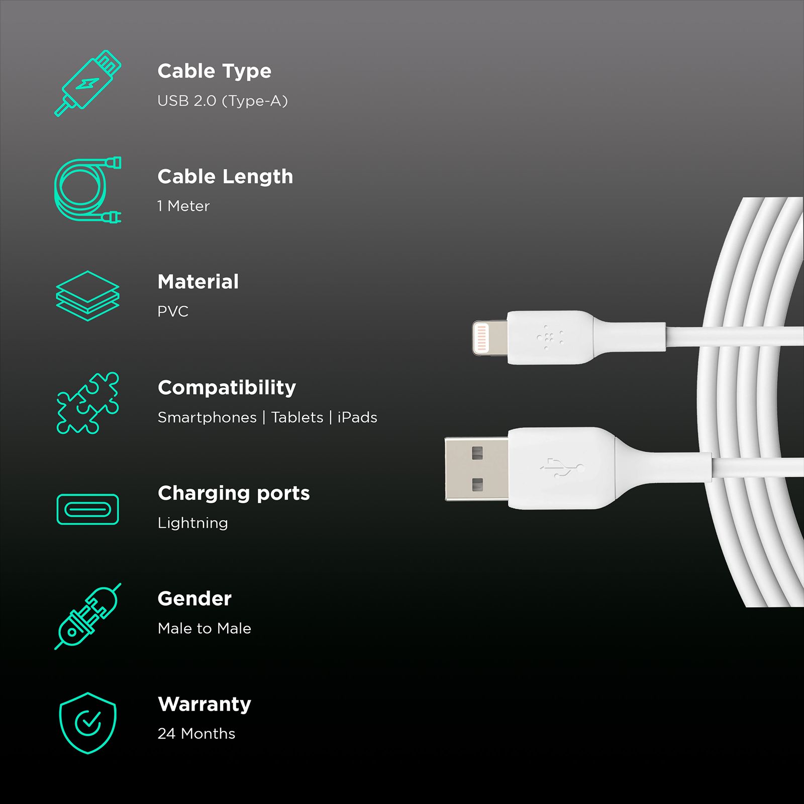 belkin Boost Charge Lightning to Type A 3.2 Feet (1M) Cable (PVC Cord, White) belkin Boost Charge Lightning to Type A 3.2 Feet (1M) Cable (PVC Cord, White)_2