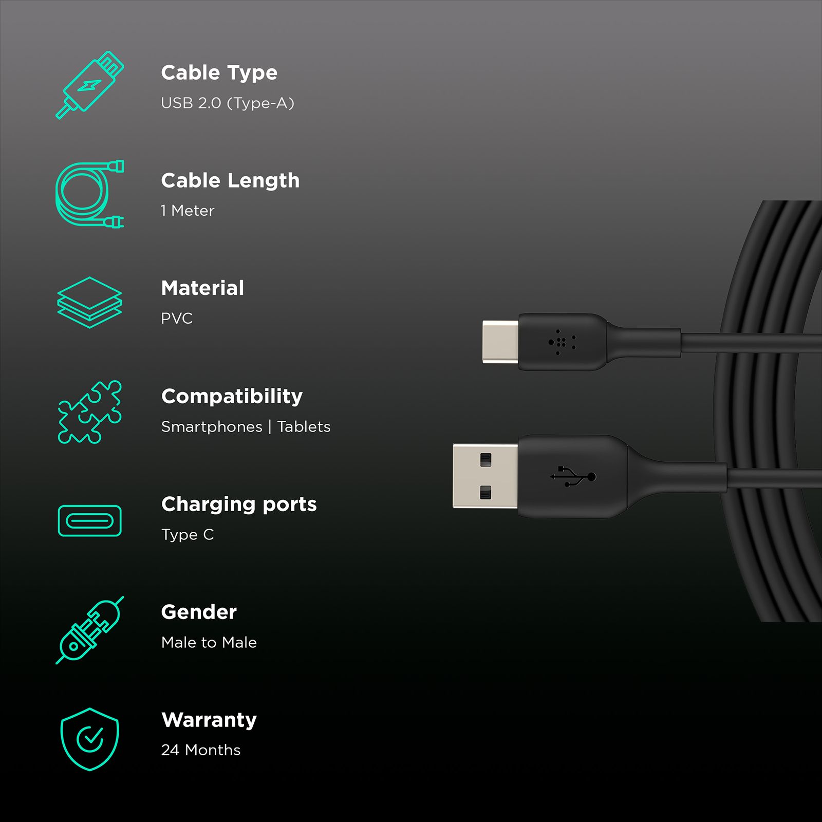 belkin Boost Charge Type C to Type A 3.2 Feet (1M) Cable (PVC Cord, Black)_2