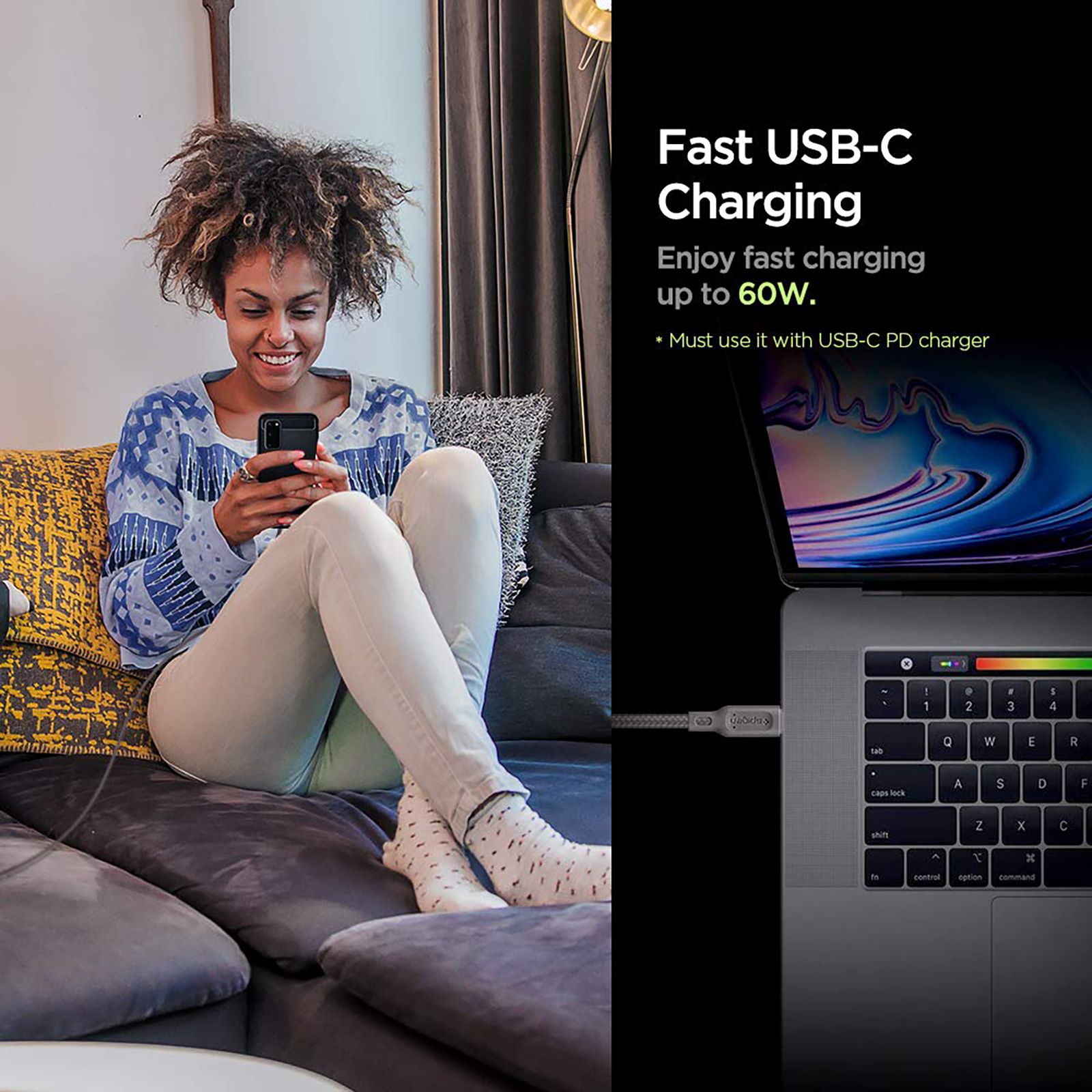 spigen Dura Sync Type C to Type C 2.9 Feet (0.9M) Cable (Fast Charging Supported, Gun Metal)_14