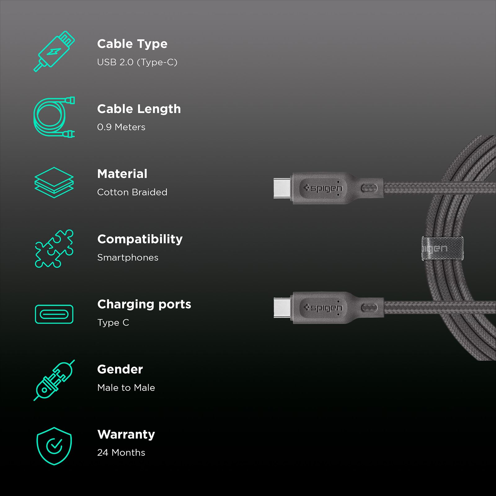 spigen Dura Sync Type C to Type C 2.9 Feet (0.9M) Cable (Fast Charging Supported, Gun Metal)_2