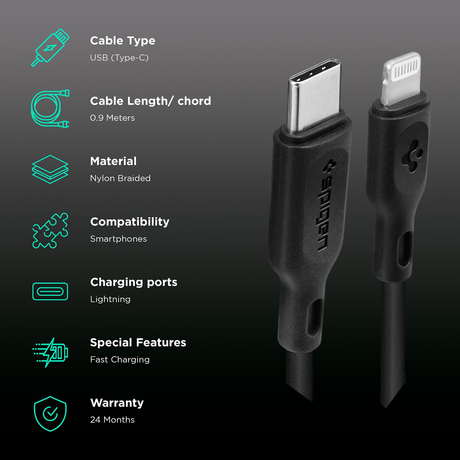 spigen Dura Sync Type C to Lightning 3.2 Feet (1M) Cable (Fast Charging Supported, Black) spigen Dura Sync Type C to Lightning 3.2 Feet (1M) Cable (Fast Charging Supported, Black)_2