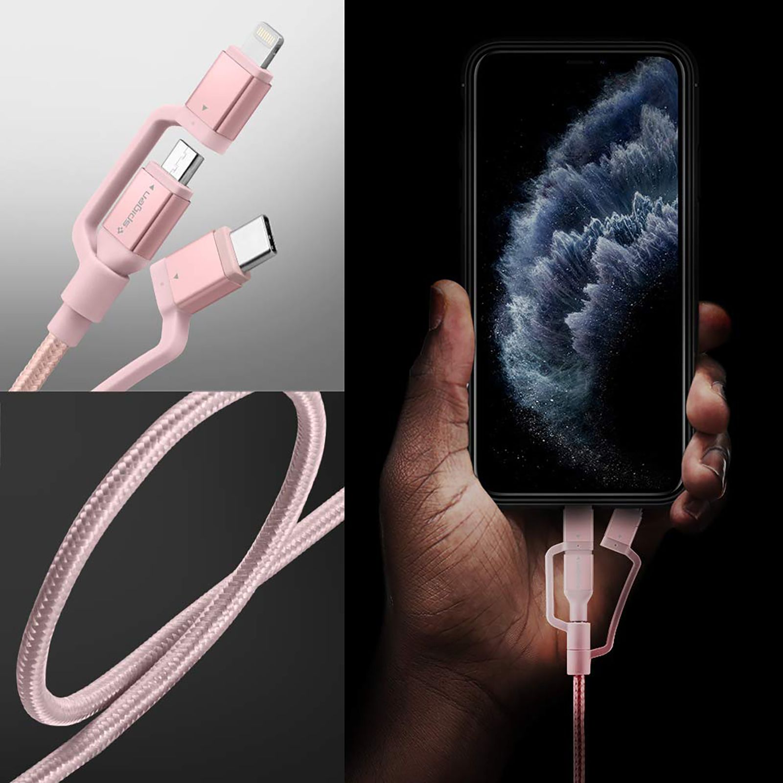 spigen Dura Sync Type A to Type C, Micro USB, Lightning 4.9 Feet (1.5M) 3-in1 Cable (Nylon Braided, Pink) spigen Dura Sync Type A to Type C, Micro USB, Lightning 4.9 Feet (1.5M) 3-in1 Cable (Nylon Braided, Pink)_9