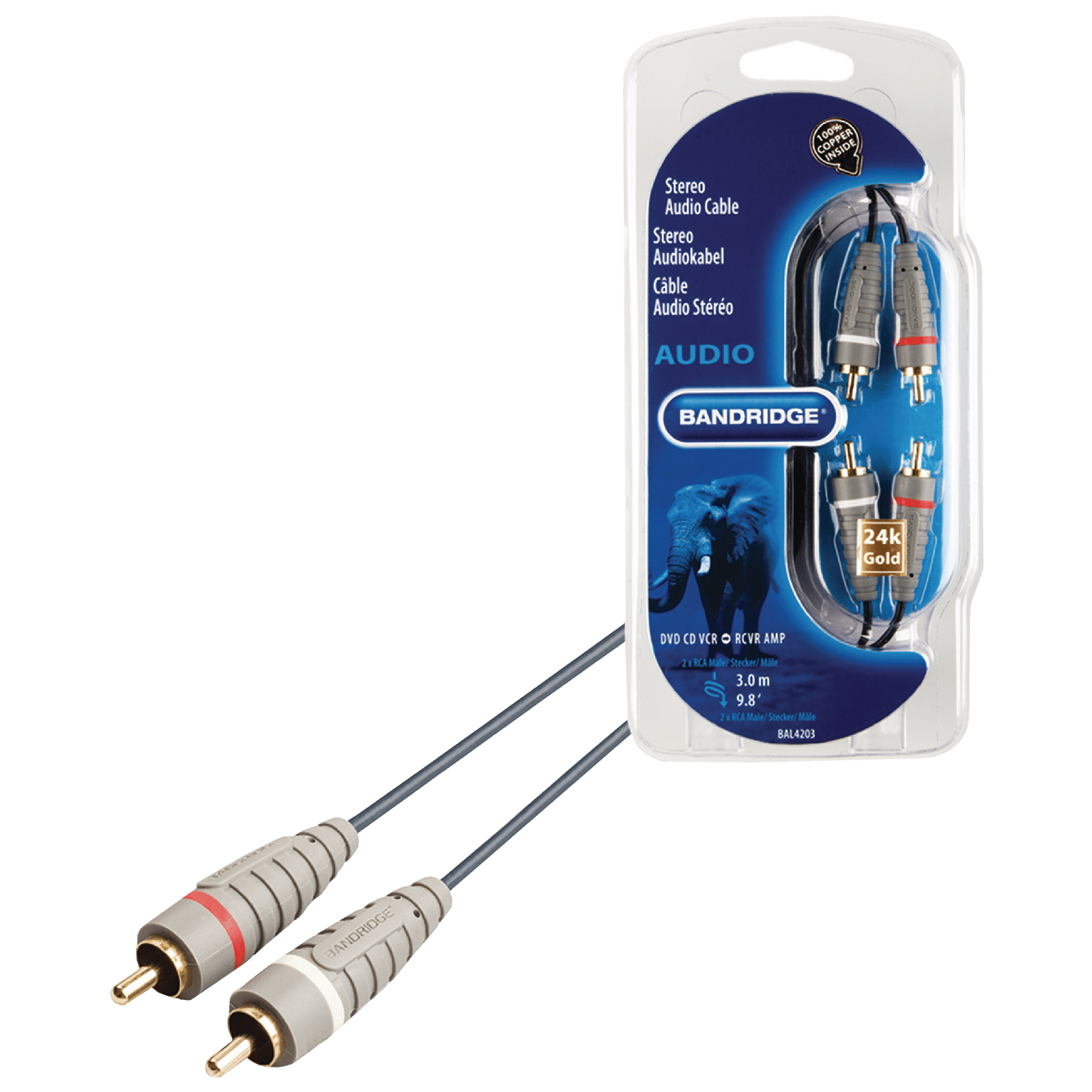 Bandridge BAL4203 PVC 3 Meter RCA to RCA Audio Cable (24K Gold Plated, Blue) Bandridge BAL4203 PVC 3 Meter RCA to RCA Audio Cable (24K Gold Plated, Blue)_1