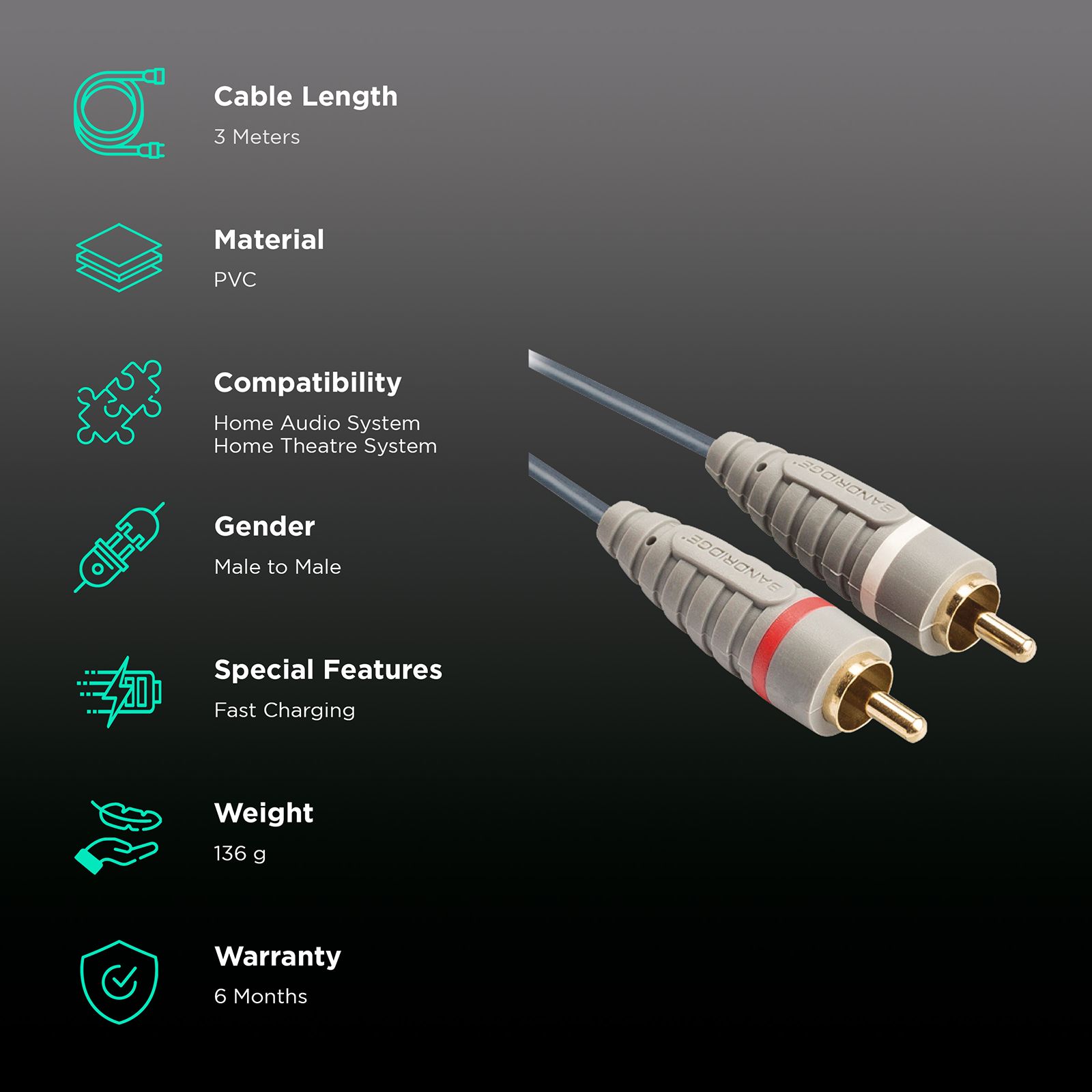Bandridge BAL4203 PVC 3 Meter RCA to RCA Audio Cable (24K Gold Plated, Blue) Bandridge BAL4203 PVC 3 Meter RCA to RCA Audio Cable (24K Gold Plated, Blue)_2