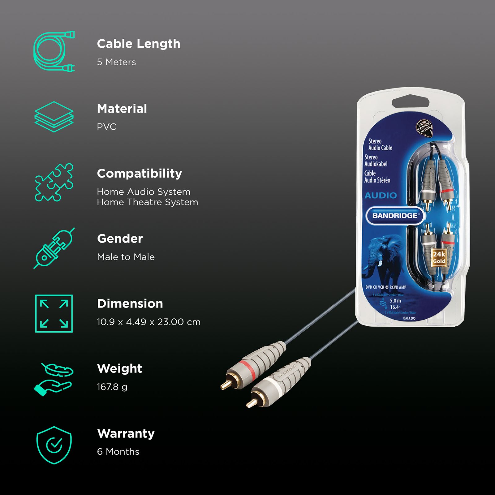 Bandridge BAL4205 PVC 5 Meter RCA to RCA Audio Cable (24K Gold Plated, Blue) Bandridge BAL4205 PVC 5 Meter RCA to RCA Audio Cable (24K Gold Plated, Blue)_2