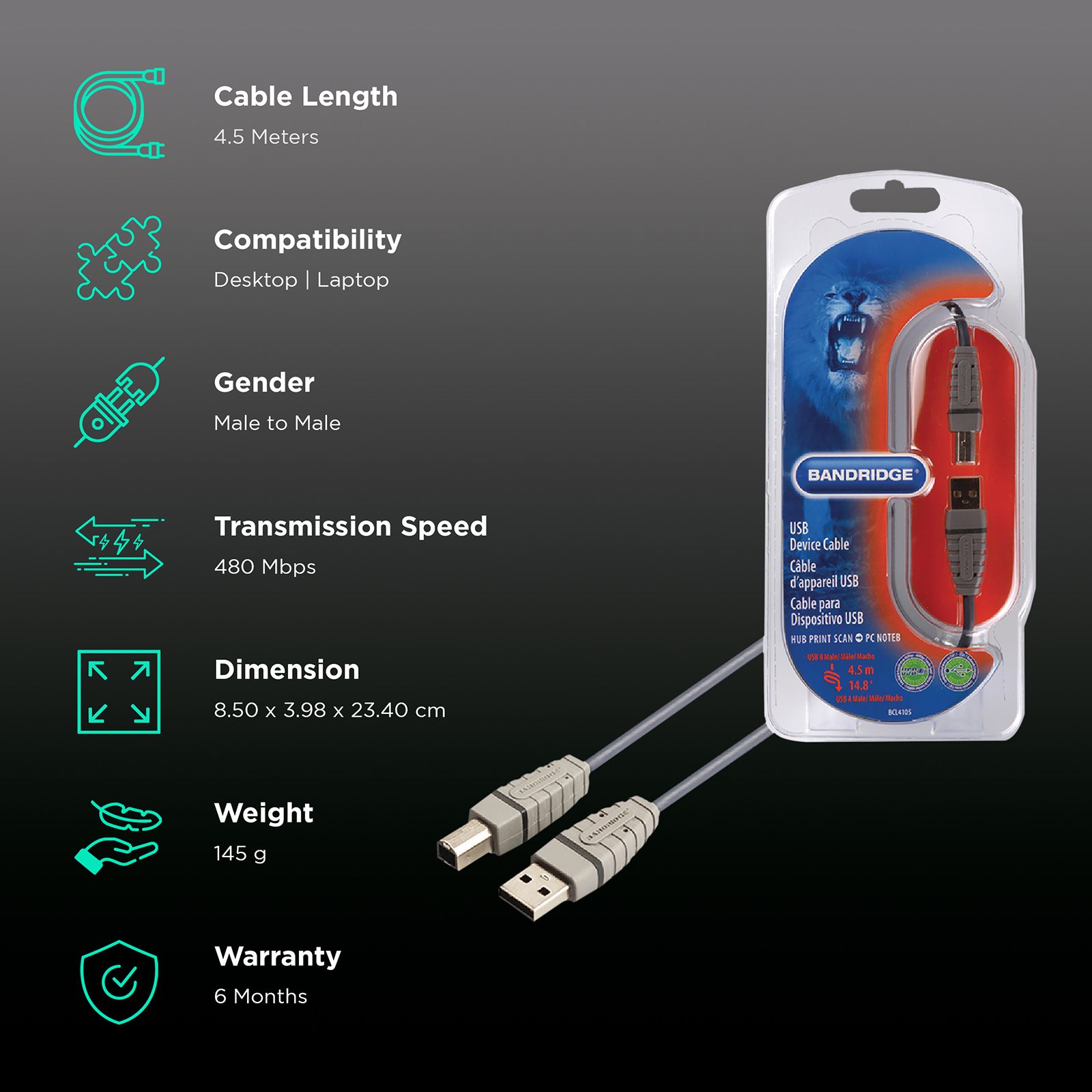 Bandridge BCL4105 Type A to Type B 14.7 Feet (4.5M) Cable (Nickel Plated Connector, Blue) Bandridge BCL4105 Type A to Type B 14.7 Feet (4.5M) Cable (Nickel Plated Connector, Blue)_2