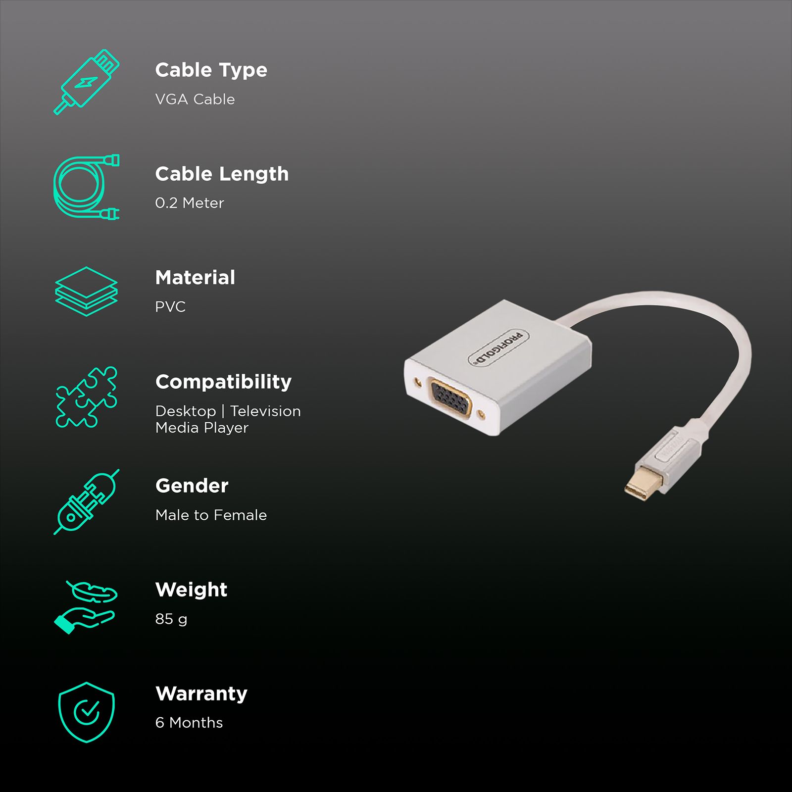 PROFIGOLD PROM201 PVC 0.2 Meter Mini DisplayPort to VGA Video Display Cable (Double Shielded Cable, White) PROFIGOLD PROM201 PVC 0.2 Meter Mini DisplayPort to VGA Video Display Cable (Double Shielded Cable, White)_2