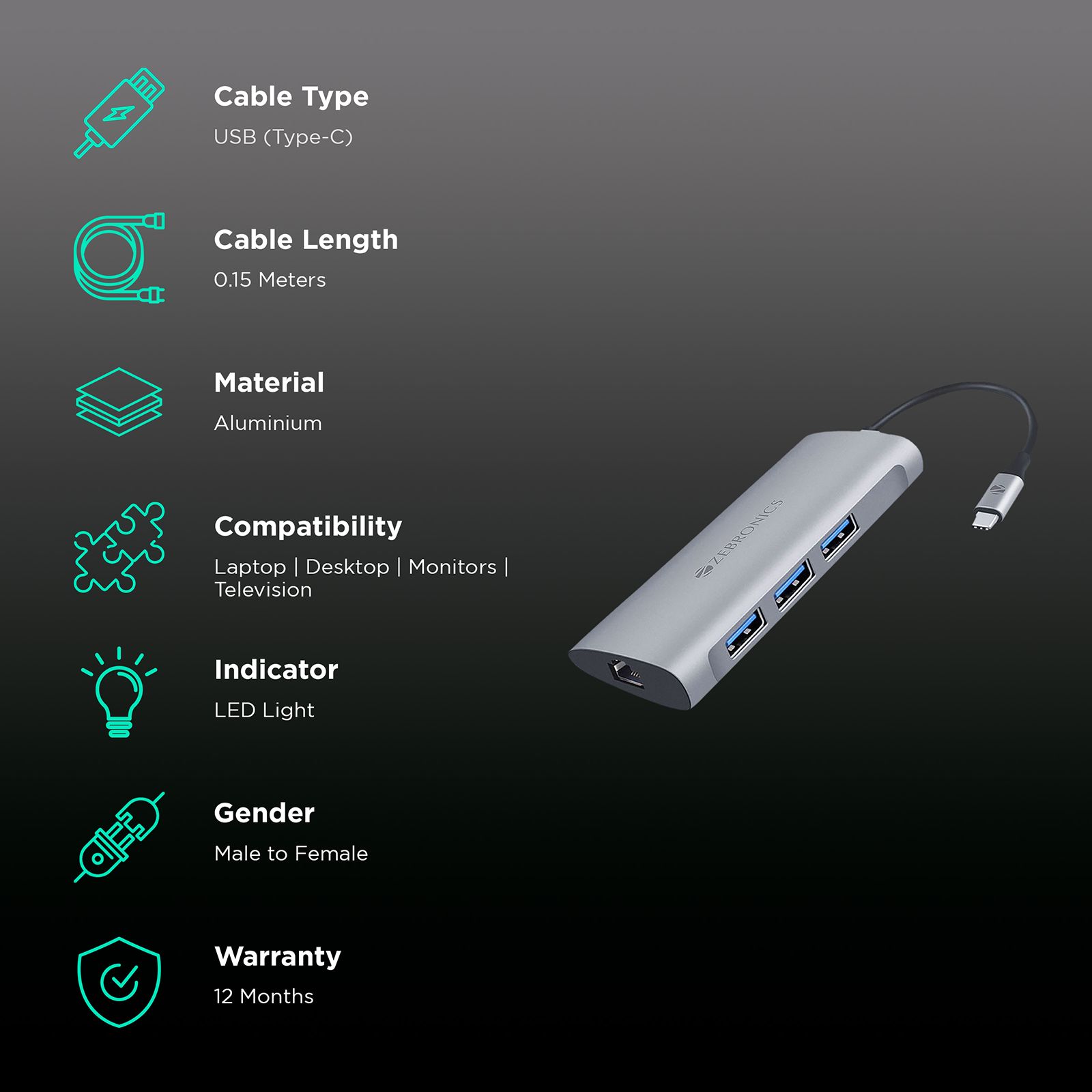 Zebronics Zeb-TA1000UCL Multiport Adapter (2 LAN Ports, 6 in 1, Aluminum body, Silver) Zebronics Zeb-TA1000UCL Multiport Adapter (2 LAN Ports, 6 in 1, Aluminum body, Silver)_2