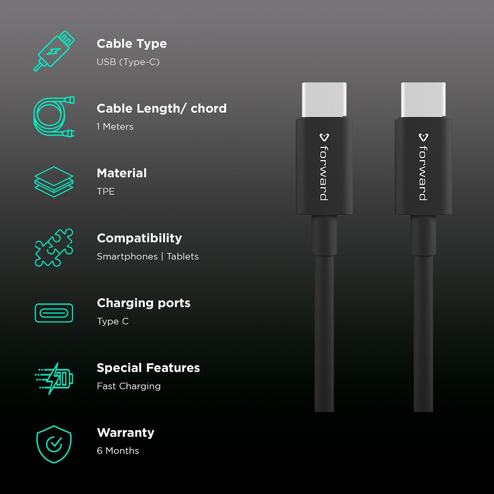 Forward FCTT-09 Type C to Type C 3.2 Feet (1M) Cable (Charge and Sync, Black)_2