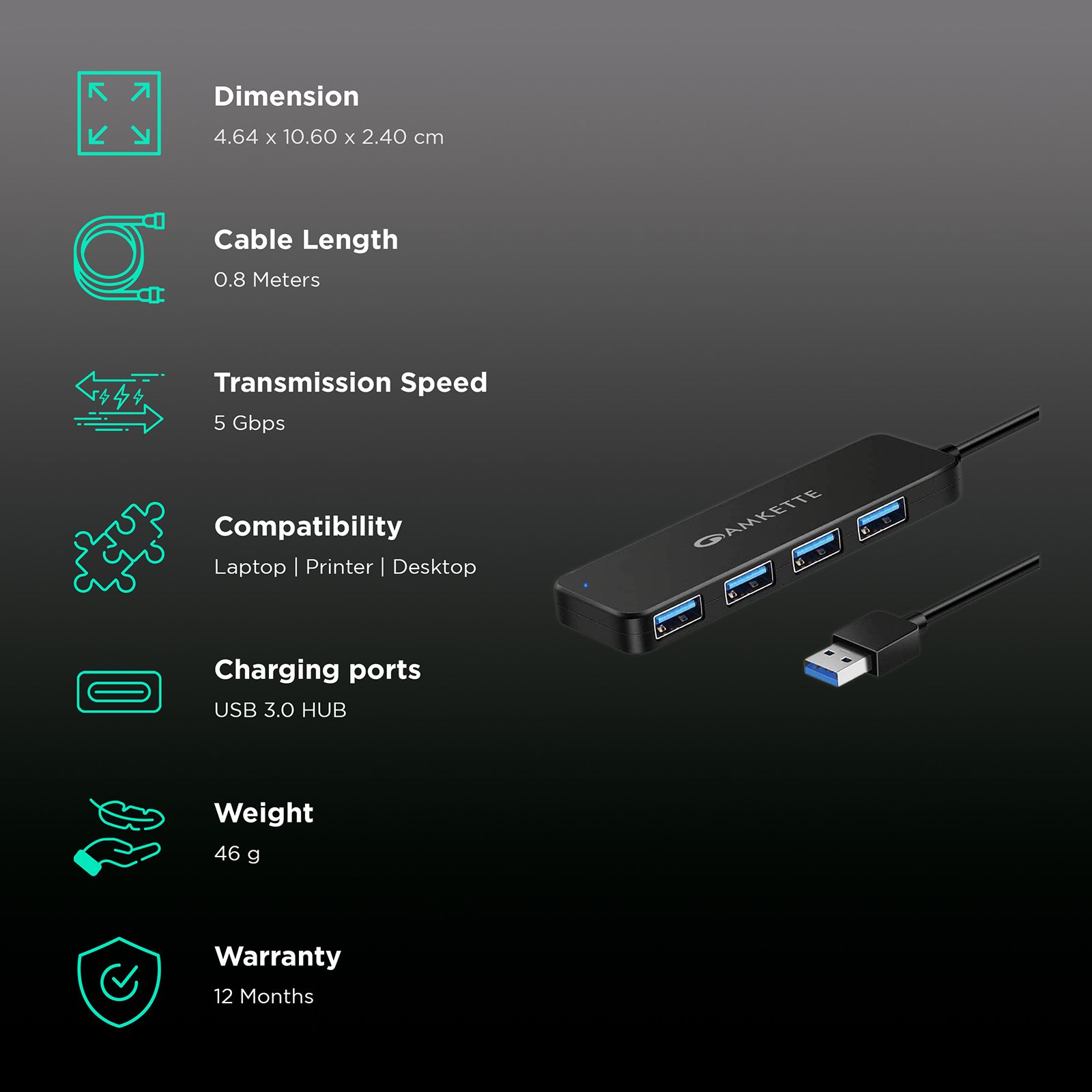 AMKETTE Superspeed USB 3.0 Type A to USB 3.0 Type A USB Hub (5 Gbps Data Transfer Rate, Black) AMKETTE Superspeed USB 3.0 Type A to USB 3.0 Type A USB Hub (5 Gbps Data Transfer Rate, Black)_2