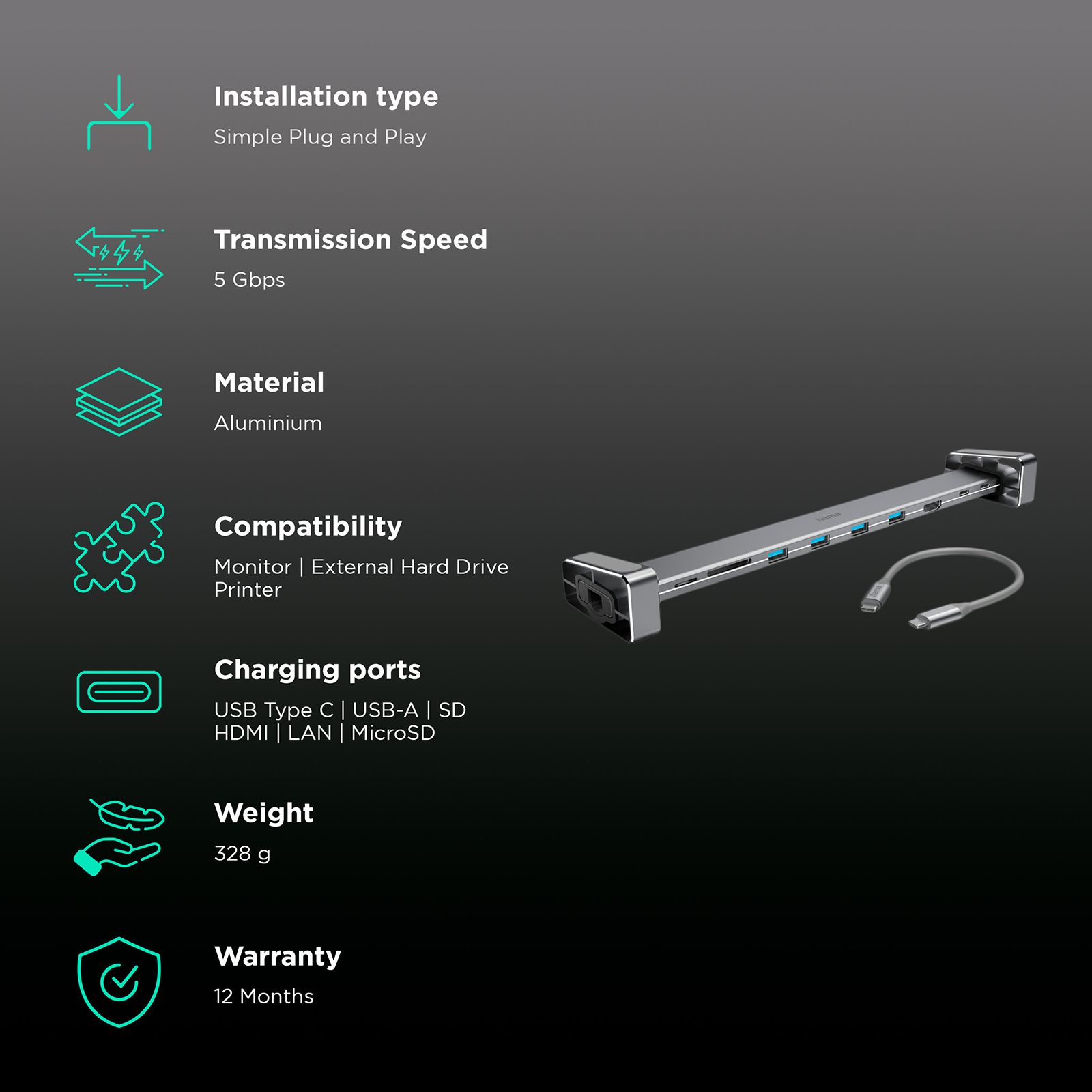 hama USB Type C to USB 2.0 Type A, USB Type C, HDMI, RJ45, Micro SD, SD Docking Station (1 Gbps Data Transfer Rate, Black) hama USB Type C to USB 2.0 Type A, USB Type C, HDMI, RJ45, Micro SD, SD Docking Station (1 Gbps Data Transfer Rate, Black)_2