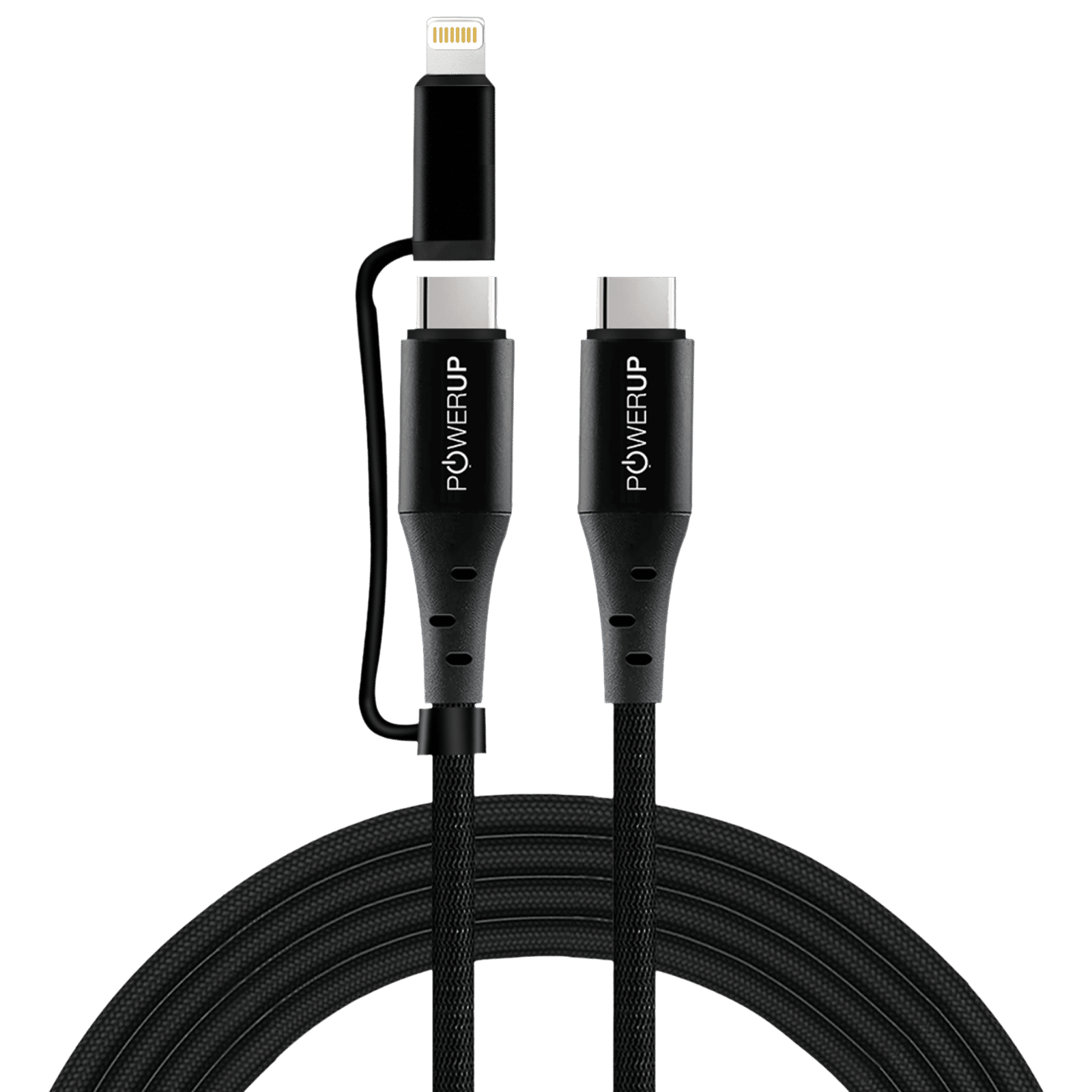 POWERUP Type C to Type C, Lightning 5 Feet (1.5M) 2-in-1 Cable (Tangle-free Design, Black) POWERUP Type C to Type C, Lightning 5 Feet (1.5M) 2-in-1 Cable (Tangle-free Design, Black)_1