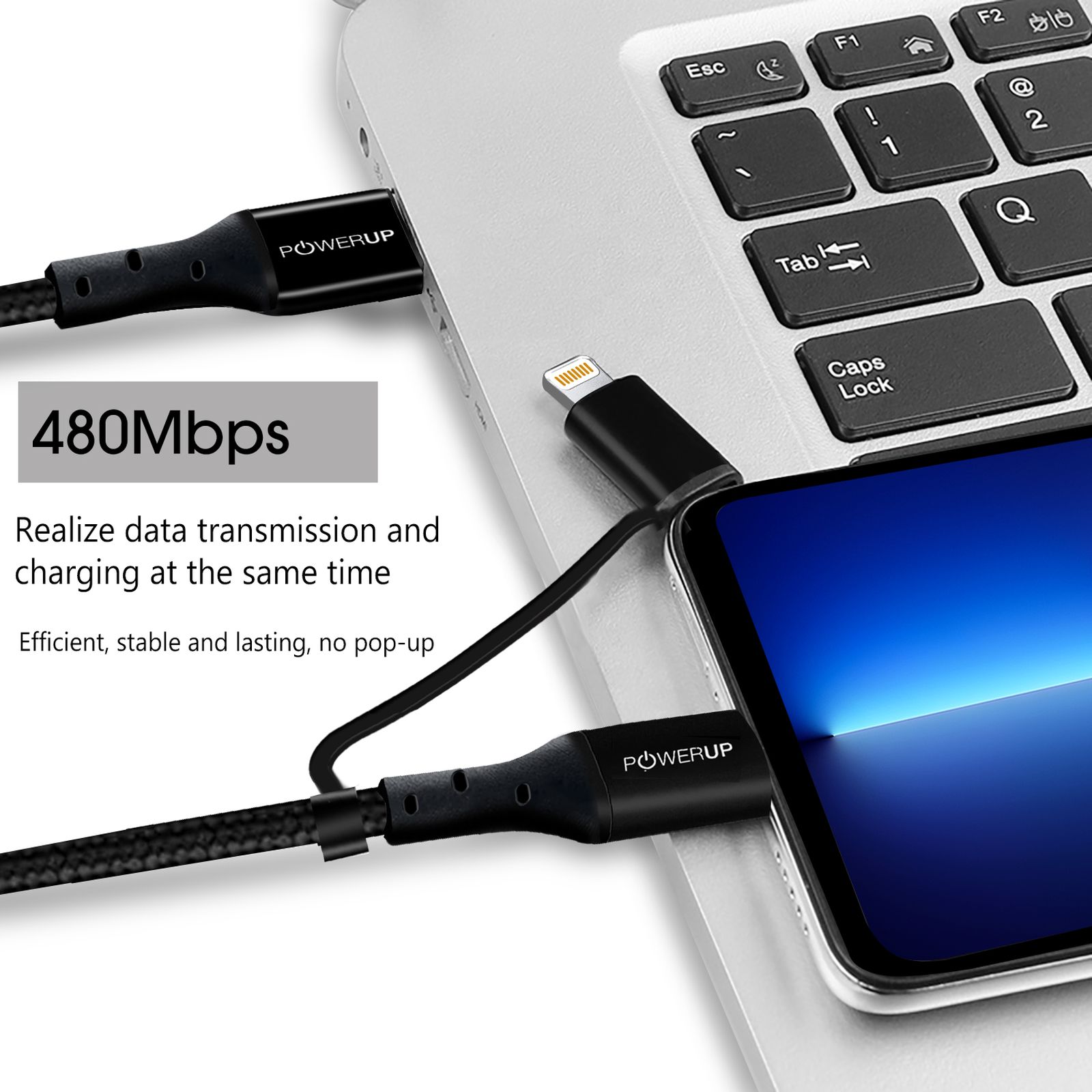 POWERUP Type C to Type C, Lightning 5 Feet (1.5M) 2-in-1 Cable (Tangle-free Design, Black) POWERUP Type C to Type C, Lightning 5 Feet (1.5M) 2-in-1 Cable (Tangle-free Design, Black)_11