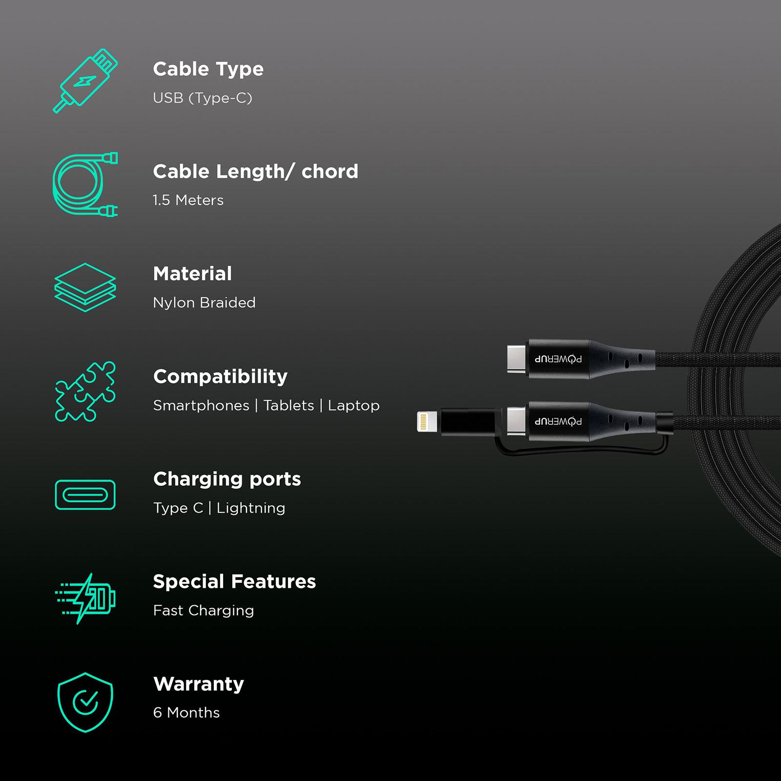 POWERUP Type C to Type C, Lightning 5 Feet (1.5M) 2-in-1 Cable (Tangle-free Design, Black) POWERUP Type C to Type C, Lightning 5 Feet (1.5M) 2-in-1 Cable (Tangle-free Design, Black)_2