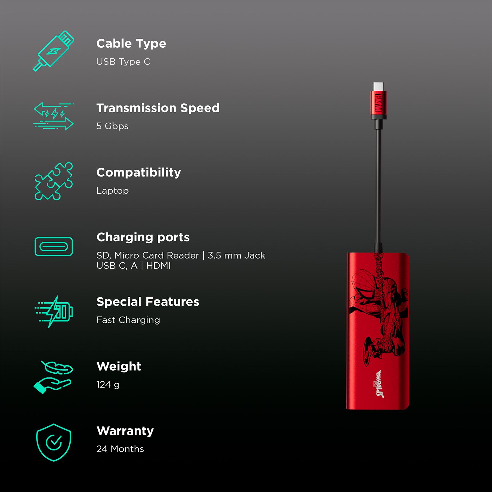 belkin Spider Man 7-in-1 USB Type C to HDMI, USB Type A, USB Type C, MicroSD Card Slot, 3.5mm Audio Jack and SD Card Slot Multi-Port Hub (4K Connect, Red)_2