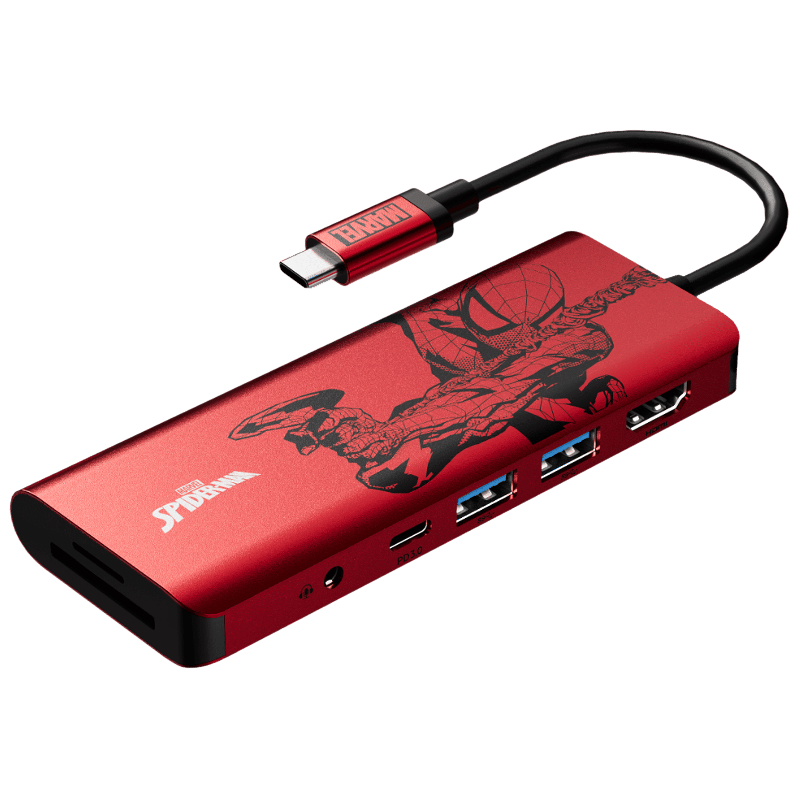 belkin Spider Man 7-in-1 USB Type C to HDMI, USB Type A, USB Type C, MicroSD Card Slot, 3.5mm Audio Jack and SD Card Slot Multi-Port Hub (4K Connect, Red)_3
