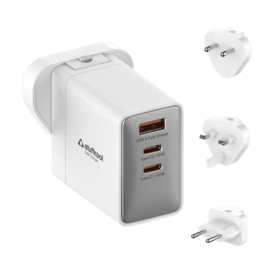 Stuffcool Nomad II 100W Type A & Type C 3-Port Fast Charger (Adapter Only, Universal Travel Compatibility, White)