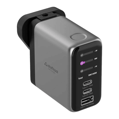 Stuffcool Nomad Pro 140W Type A & Type C 3-Port Fast Charger (Adapter Only, Universal Travel Compatibility, Grey)