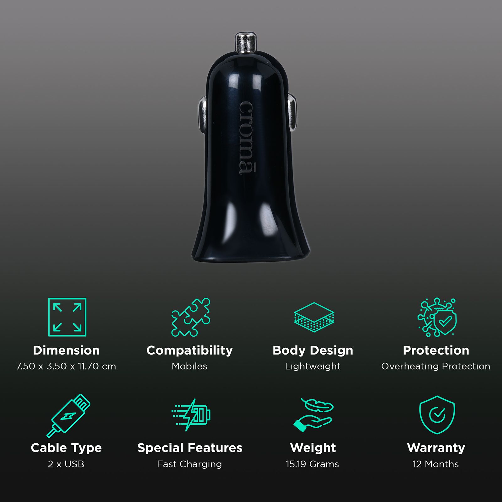 Croma 12 Watts 2 USB Ports Car Charging Adapter (Overcharging Protection, Black)_2