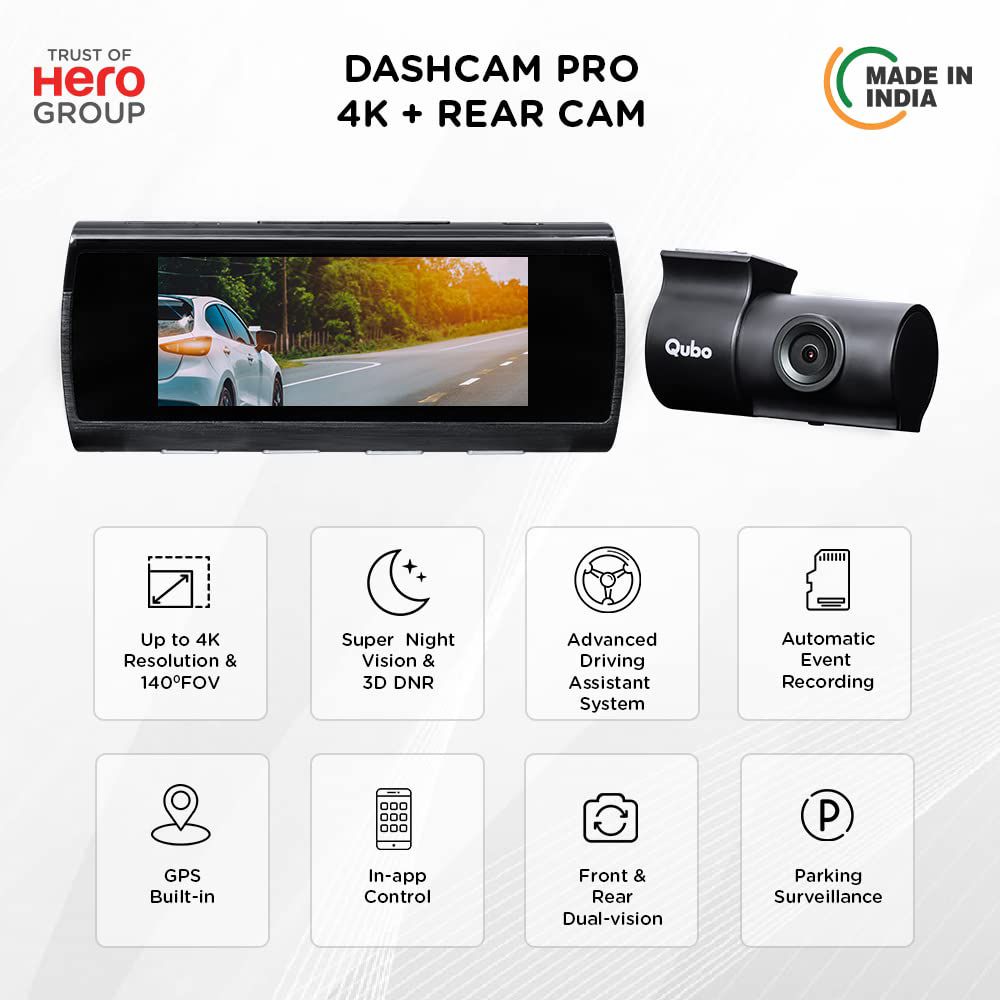 Qubo Dashcam Pro 4K UHD and 8MP Action Camera with Rear Camera (Black)_10
