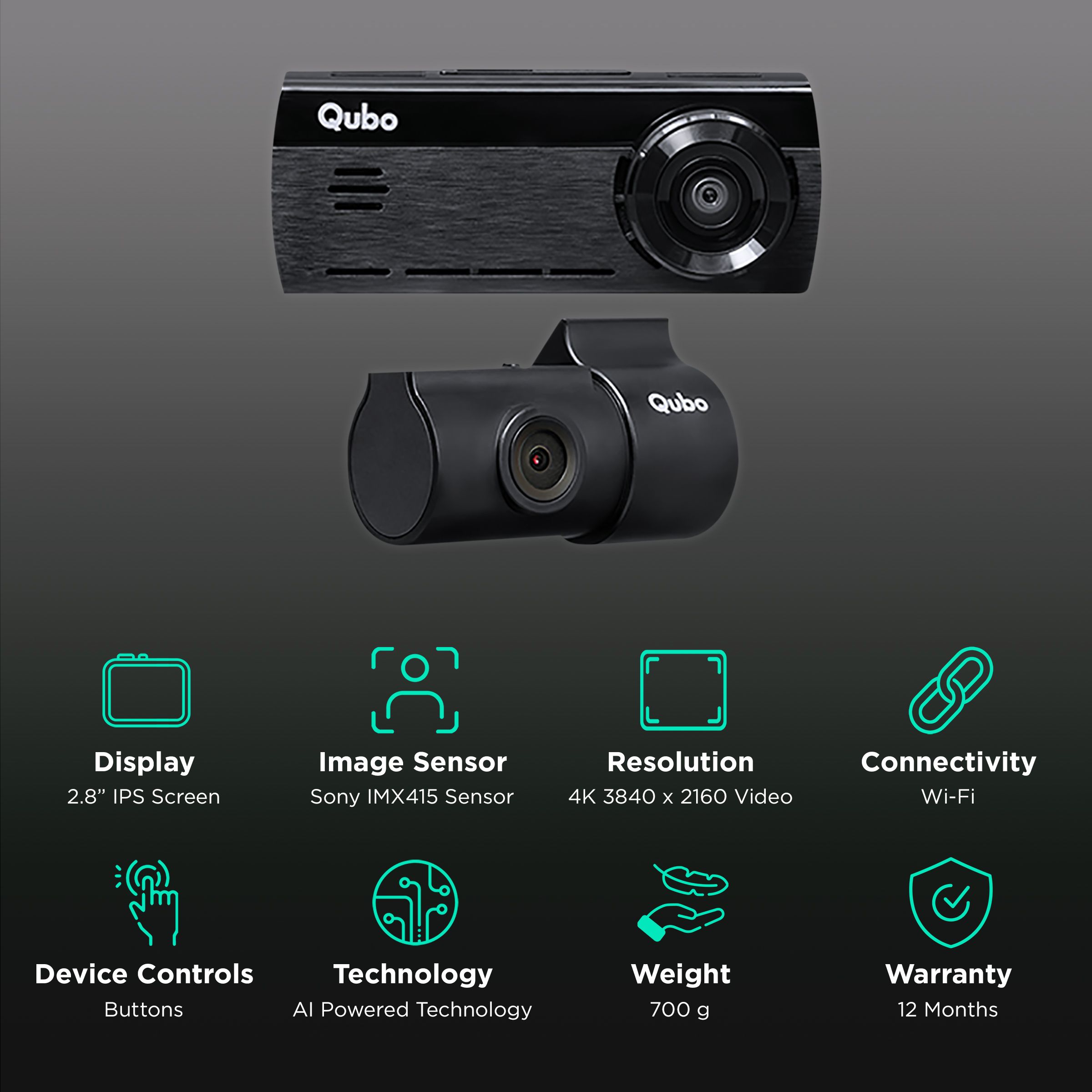 Qubo Dashcam Pro 4K UHD and 8MP Action Camera with Rear Camera (Black)_2