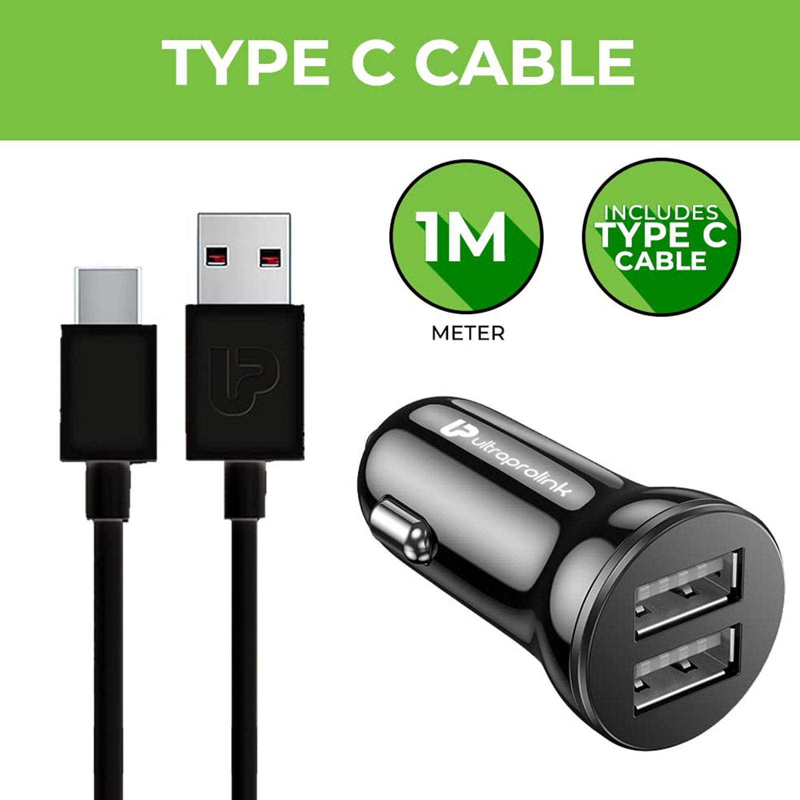 ultraprolink Mach12 12W 2 USB Ports Type C Car Charging Adapter with Cable (Type C, Smart Charge, Black)_3
