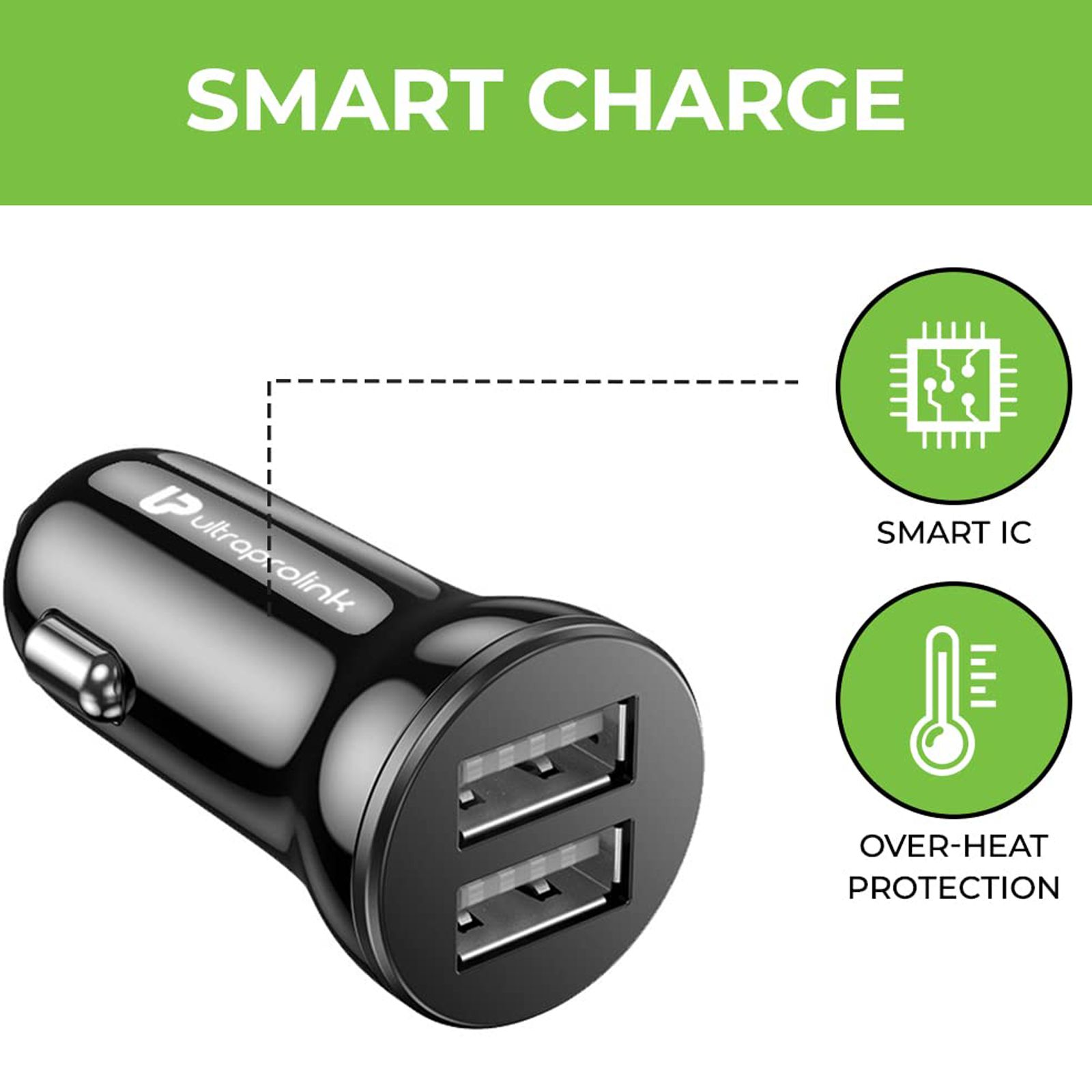 ultraprolink Mach12 12W 2 USB Ports Type C Car Charging Adapter with Cable (Type C, Smart Charge, Black)_4