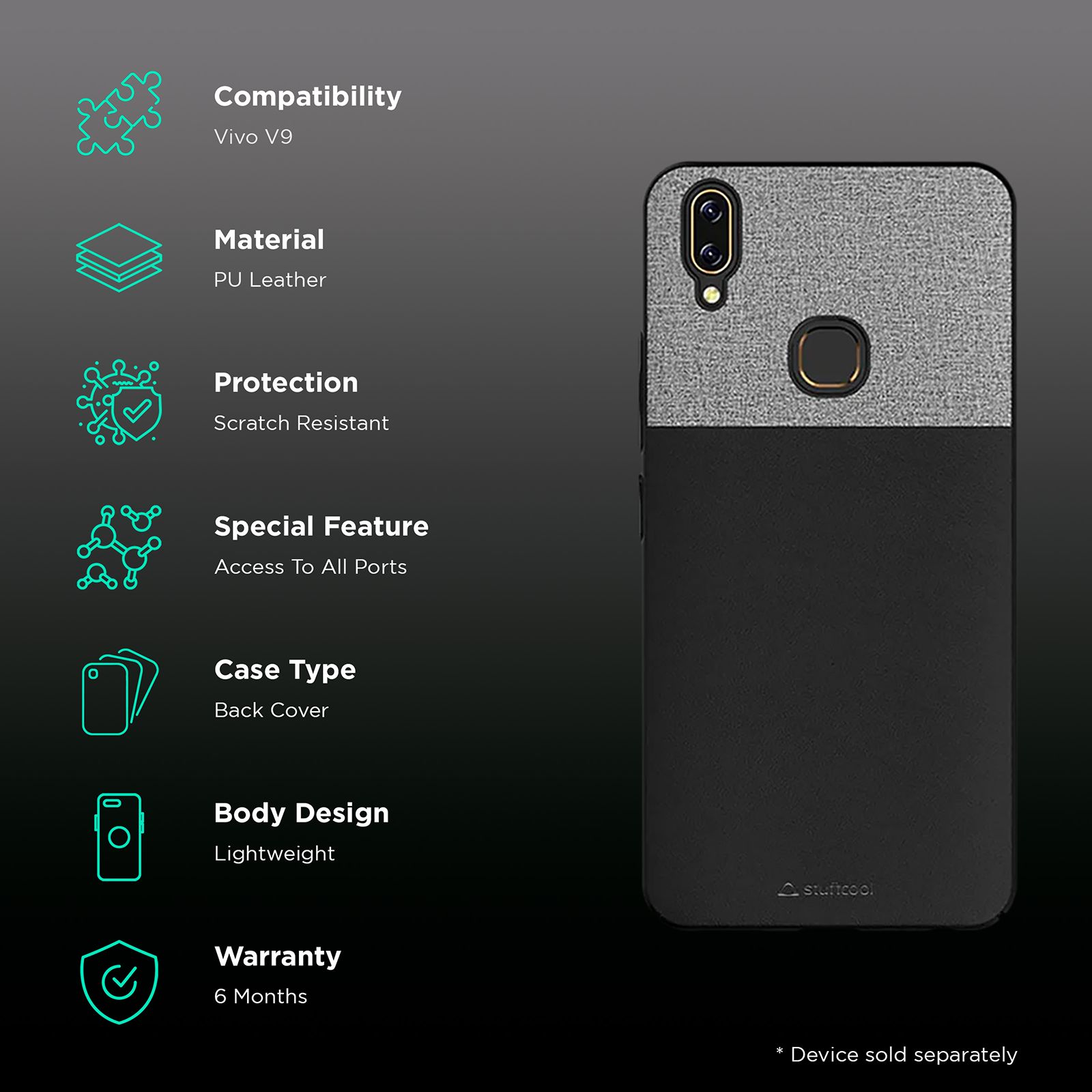 stuffcool Eto Sport Hard PU Leather Back Cover for Vivo V9 (Camera Protection, Black) stuffcool Eto Sport Hard PU Leather Back Cover for Vivo V9 (Camera Protection, Black)_2