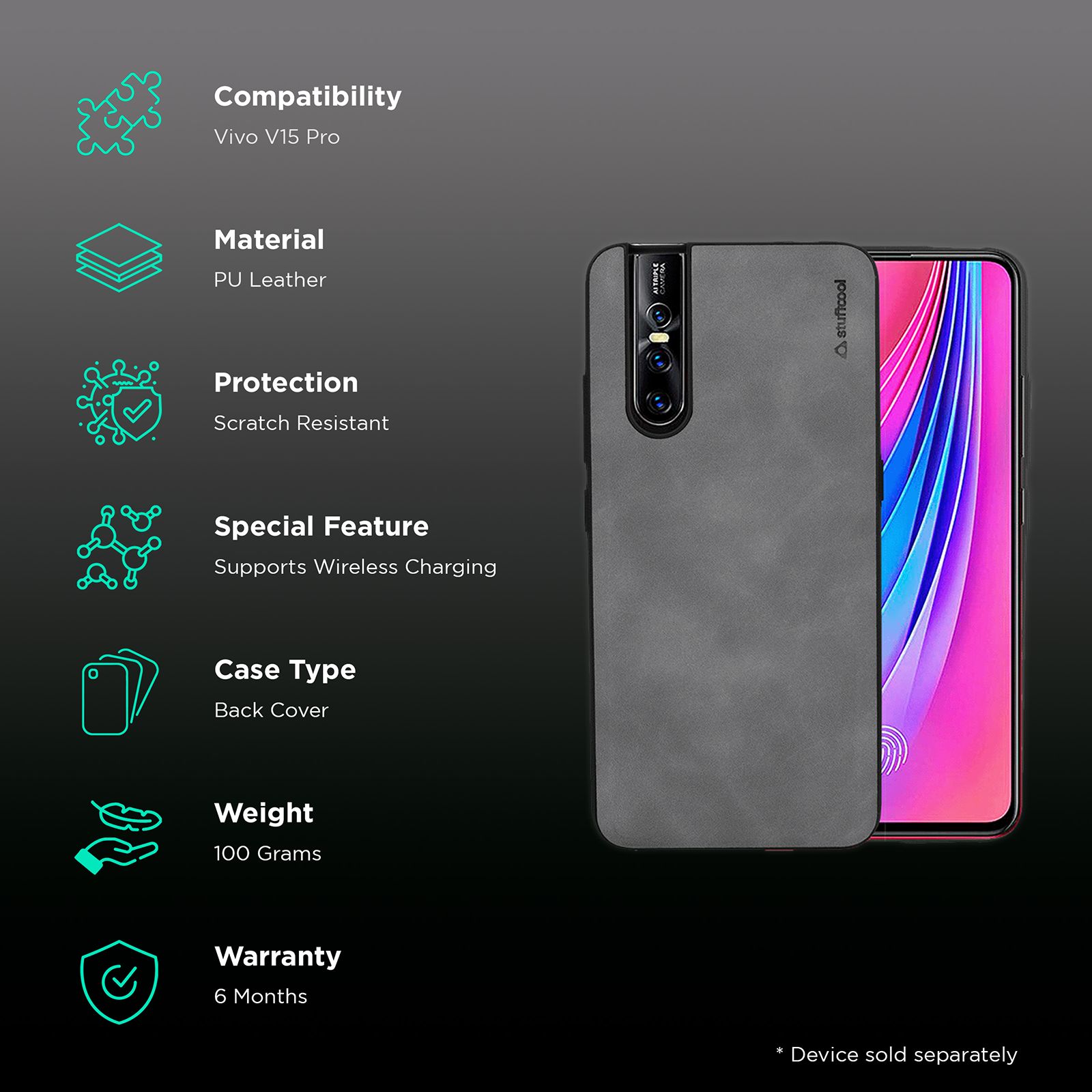 stuffcool Rego PU Leather Back Cover for Vivo V15 Pro (Camera Protection, Grey) stuffcool Rego PU Leather Back Cover for Vivo V15 Pro (Camera Protection, Grey)_2