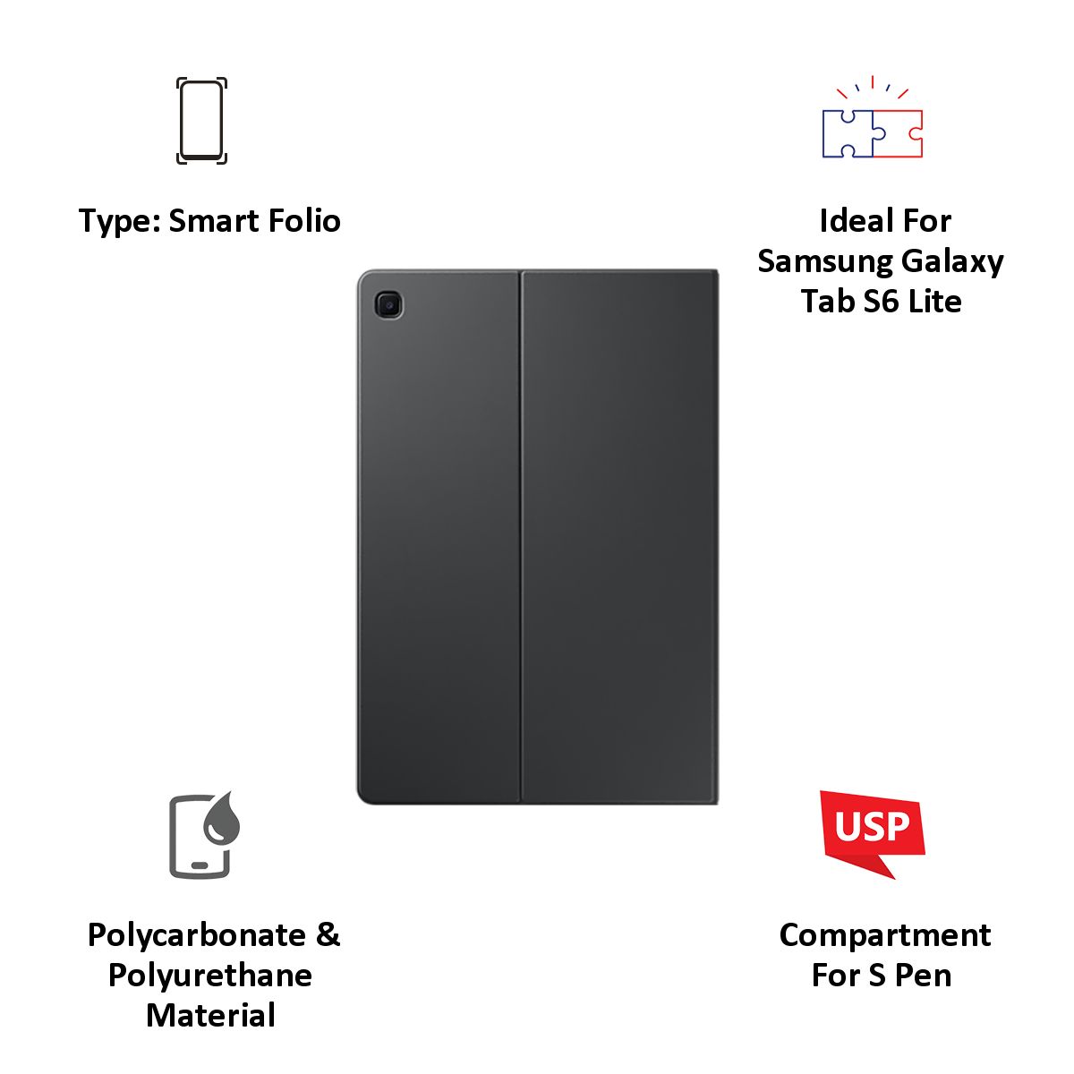 SAMSUNG PC & Polyurethane Smart Folio Case for SAMSUNG Galaxy Tab S6 Lite (Compartment for S Pen, Gray) SAMSUNG PC & Polyurethane Smart Folio Case for SAMSUNG Galaxy Tab S6 Lite (Compartment for S Pen, Gray)_7