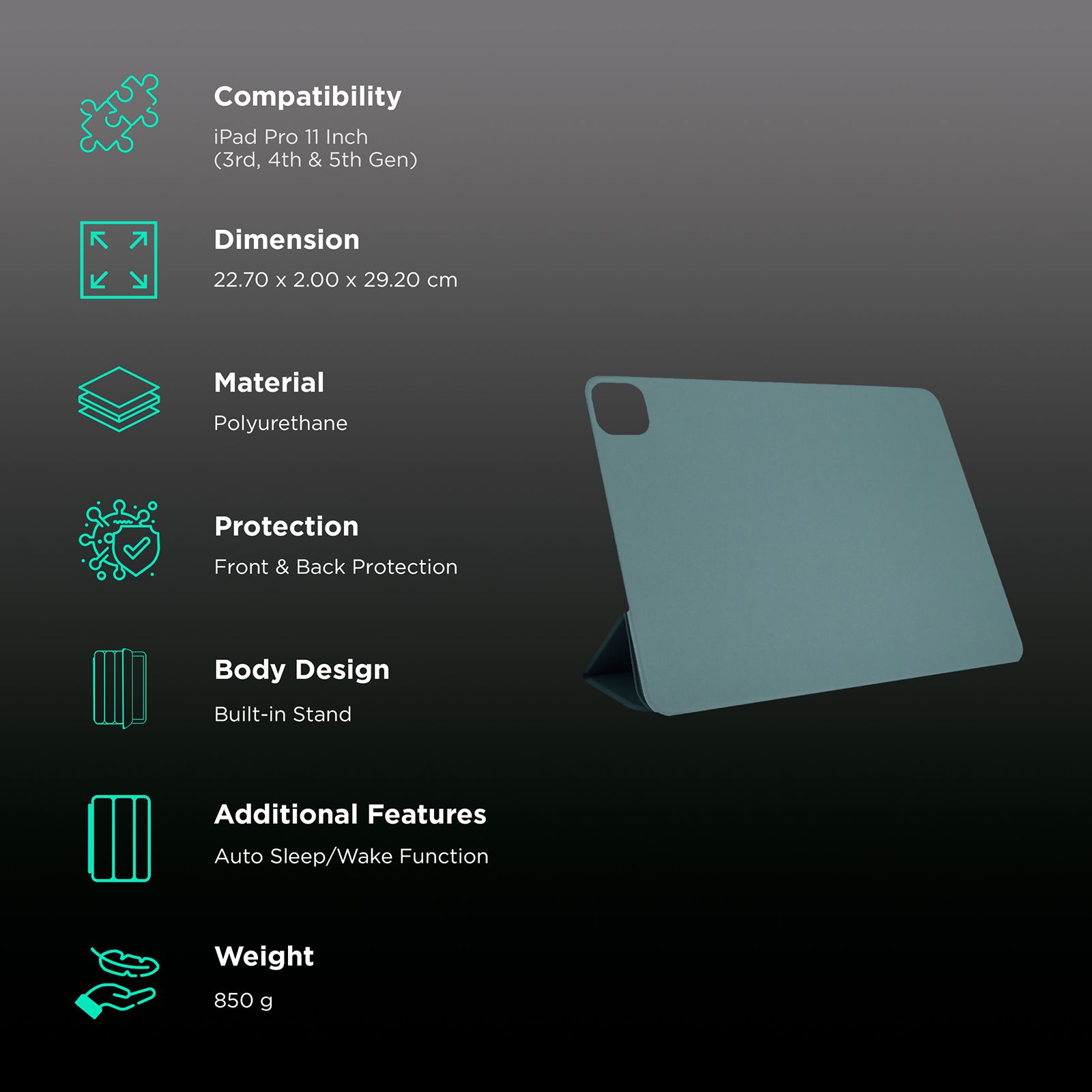 Hyphen VERSO Polyurethane Folio Case for Apple iPad Pro 11 Inch (3rd, 4th & 5th Gen) (Built-in Magnet, Midnight Green)_2
