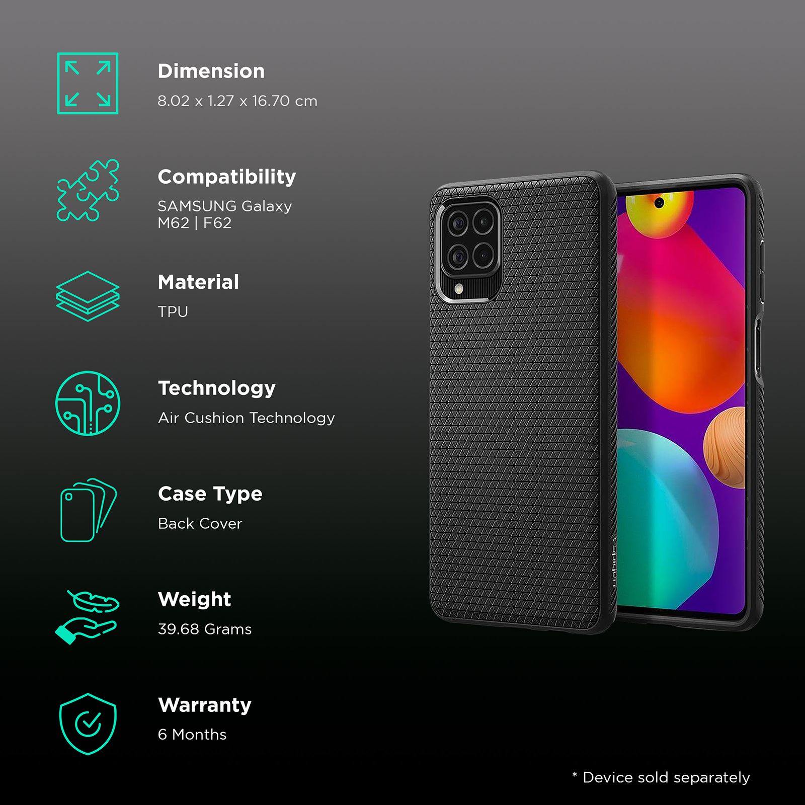 spigen Liquid Air TPU Back Cover for SAMSUNG Galaxy M62, F62 (Air Cushion Technology, Matte Black)_2