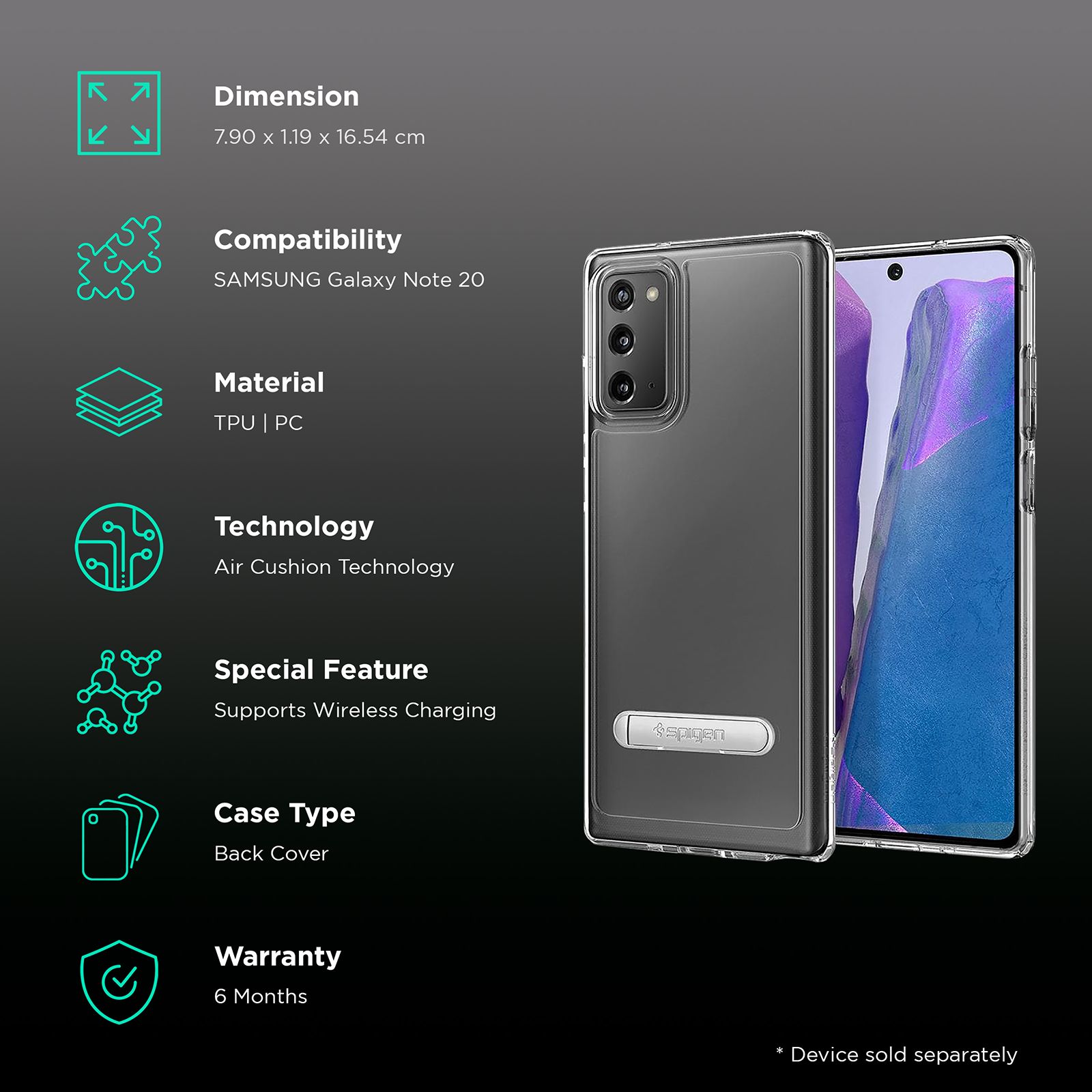 spigen Ultra Hybrid S Hard Polycarbonate & TPU Back Cover for SAMSUNG Galaxy Note 20 (Air Cushion Technology, Crystal Clear)_2