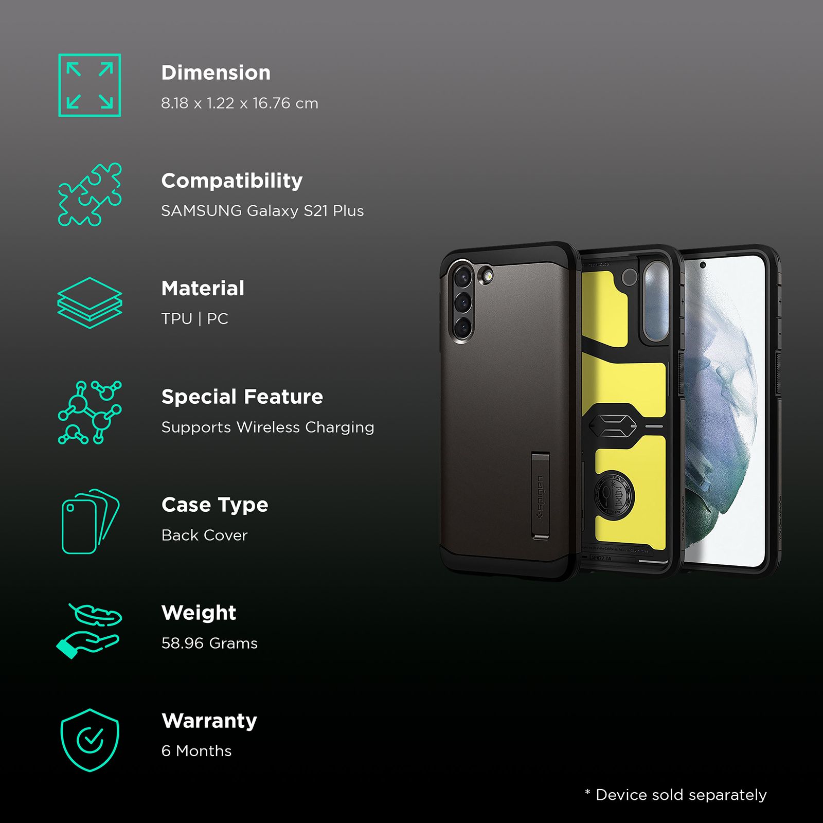 spigen Tough Armor TPU & Polycarbonate Back Case with Stand for SAMSUNG Galaxy S21 Plus (Wireless Charging Compatible, Gunmetal)_2