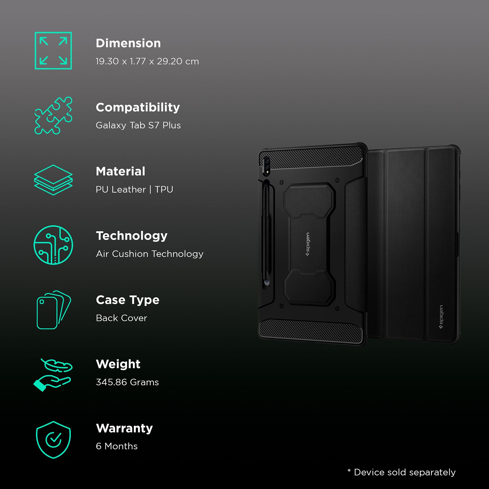 spigen Rugged Armor Pro PU Leather & TPU Full Cover Case For Galaxy Tab S7 Plus (Air Cushion Technology, ACS01607, Black)_2