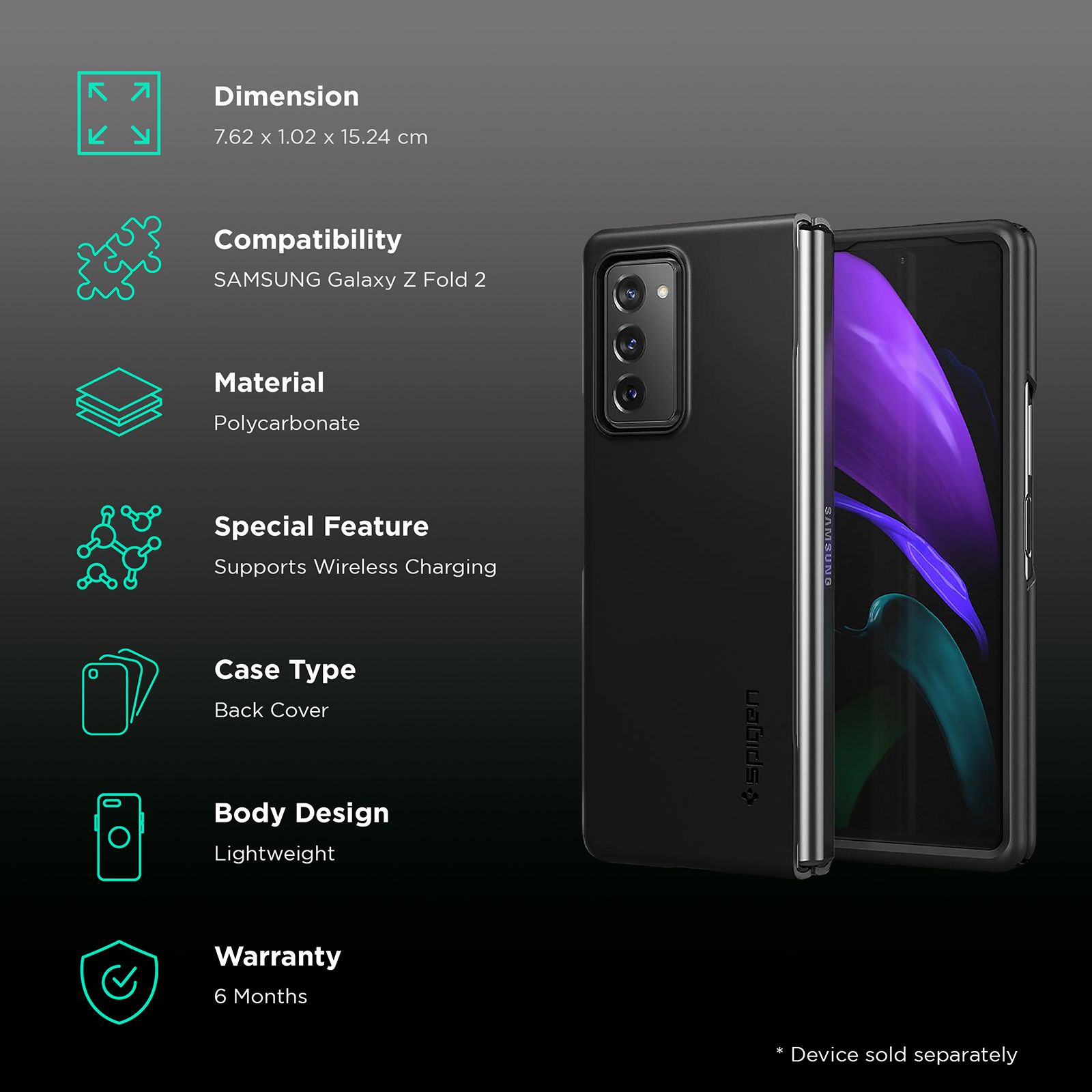 spigen Thin Fit Polycarbonate Back Cover for SAMSUNG Galaxy Z Fold 2 (Wireless Charging Compatible, Black)_2