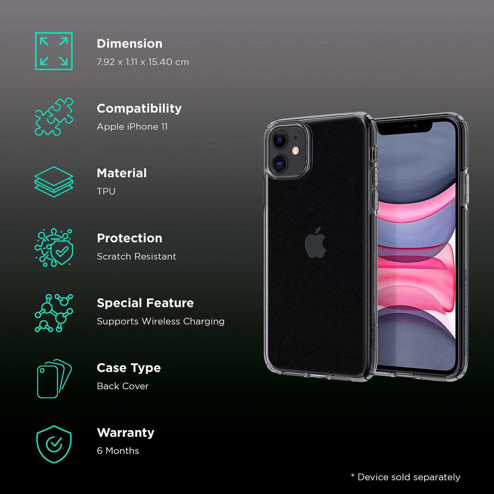 spigen Liquid Crystal Soft TPU Back Cover for Apple iPhone 11 (Wireless Charging Compatible, Space Crystal)_2